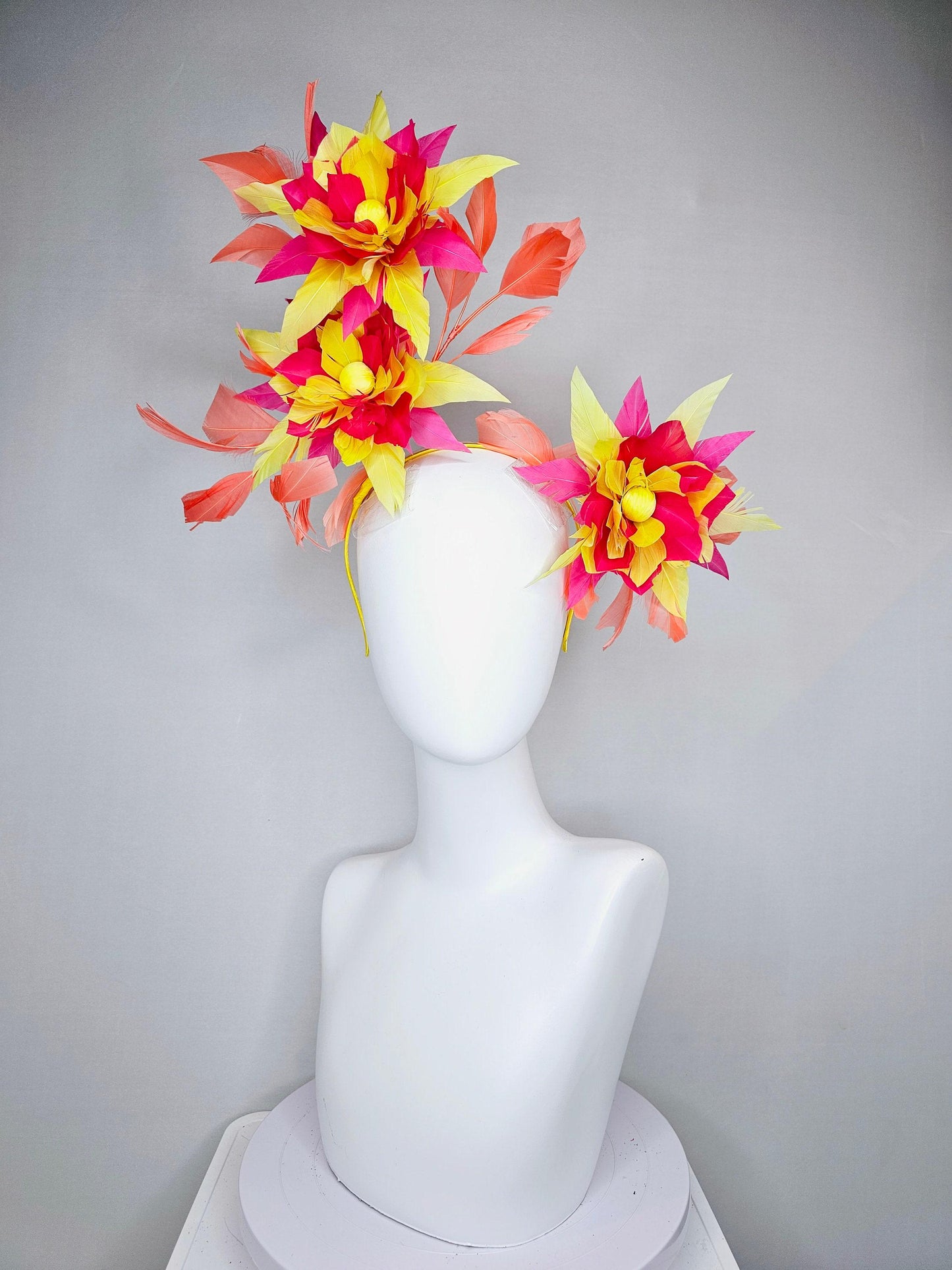 kentucky derby hat fascinator pink and yellow feather flowers with coral feathers on thin headband