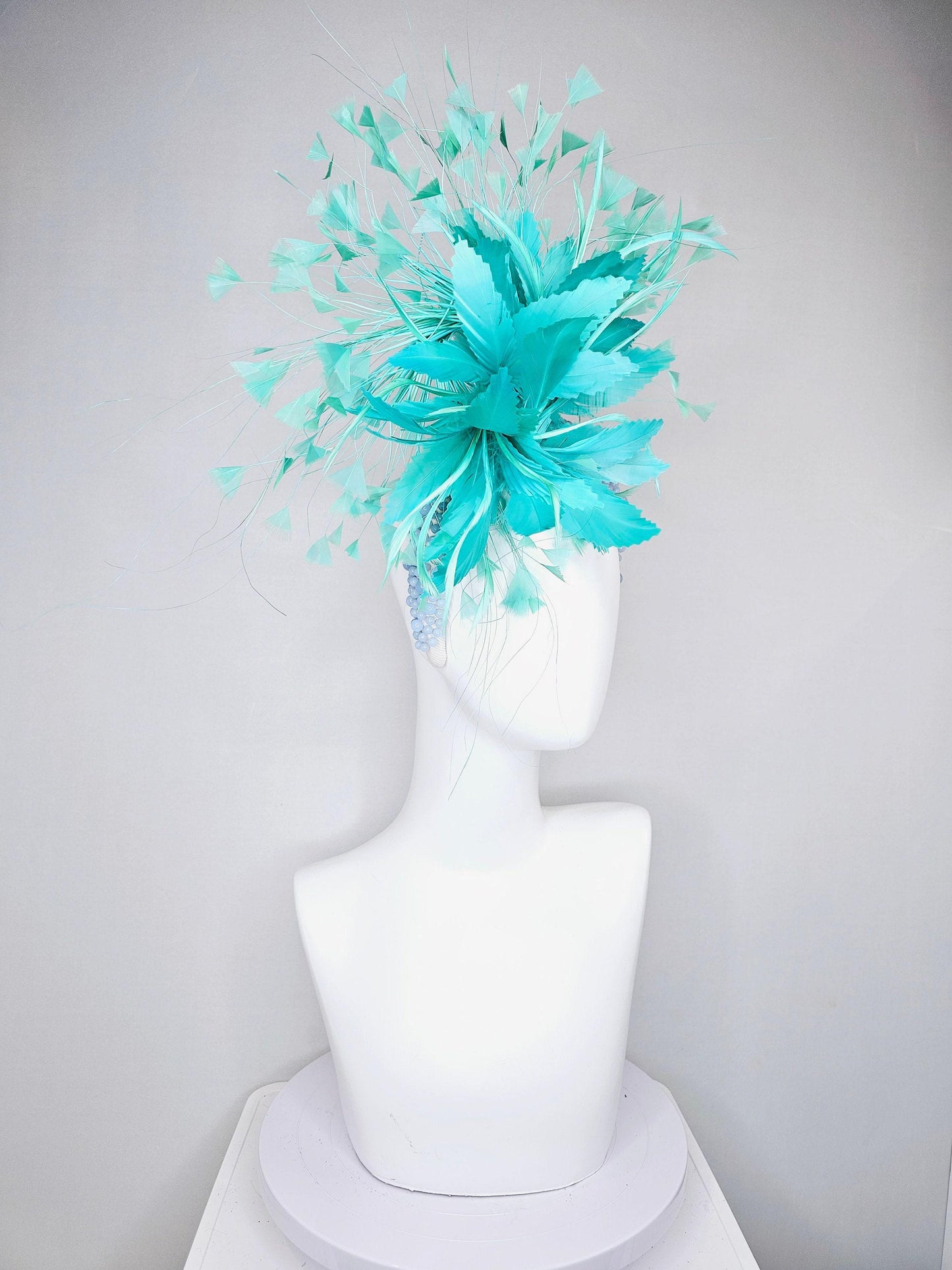 kentucky derby hat fascinator green feather flower and feathers with light blue pearl beaded headband