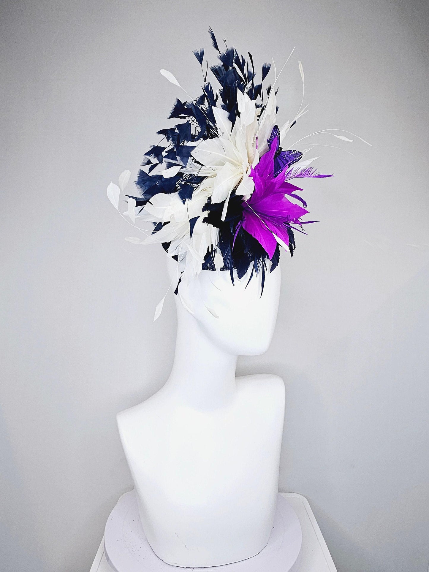 kentucky derby hat fascinator navy sinamay and navy blue purple feather flower navy and white feathers with purple and black butterflies