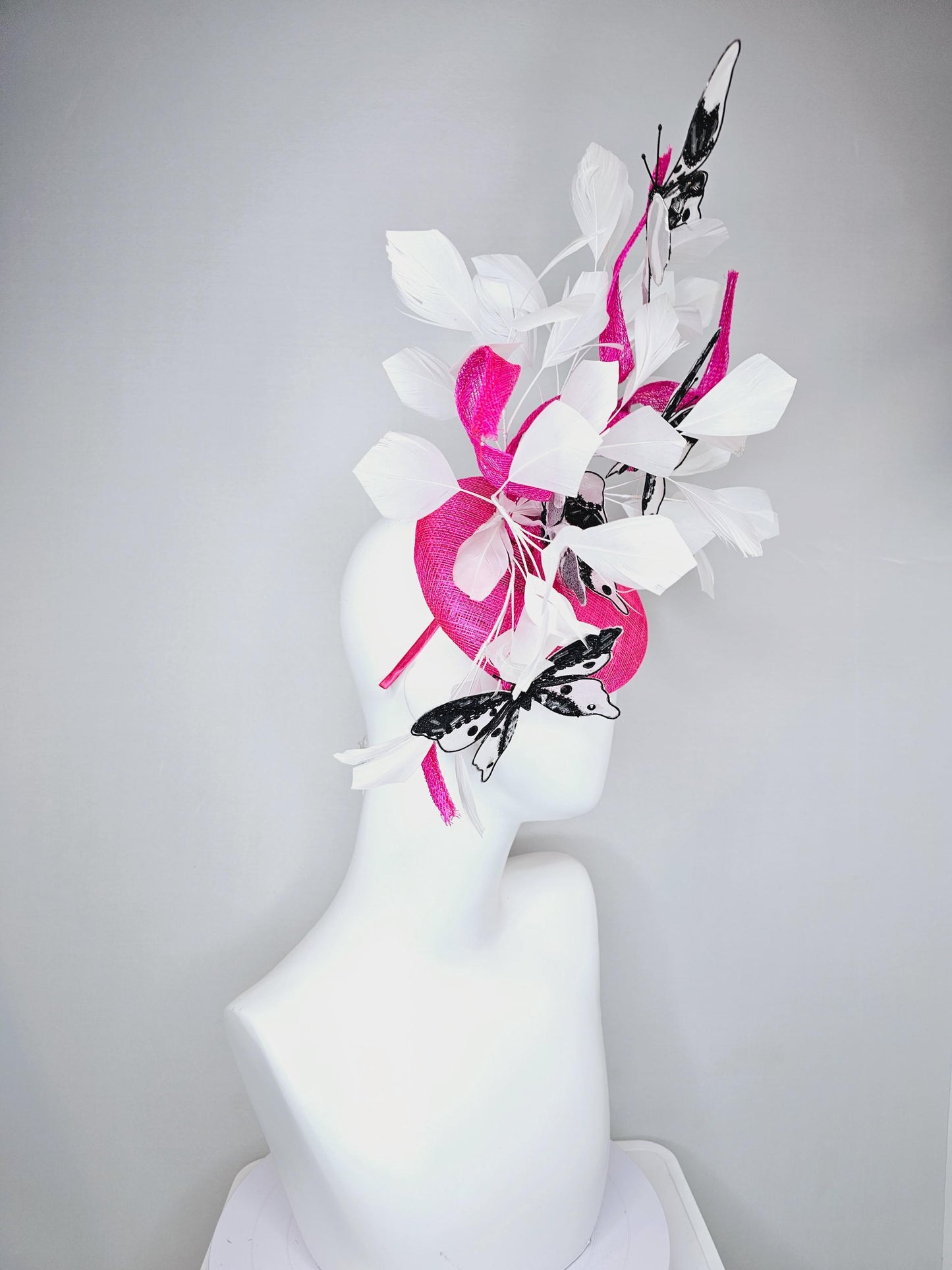 kentucky derby hat fascinator hot pink sinamay with tall curls,white feathers,black and white rhinestone crystal embroidered butterflies