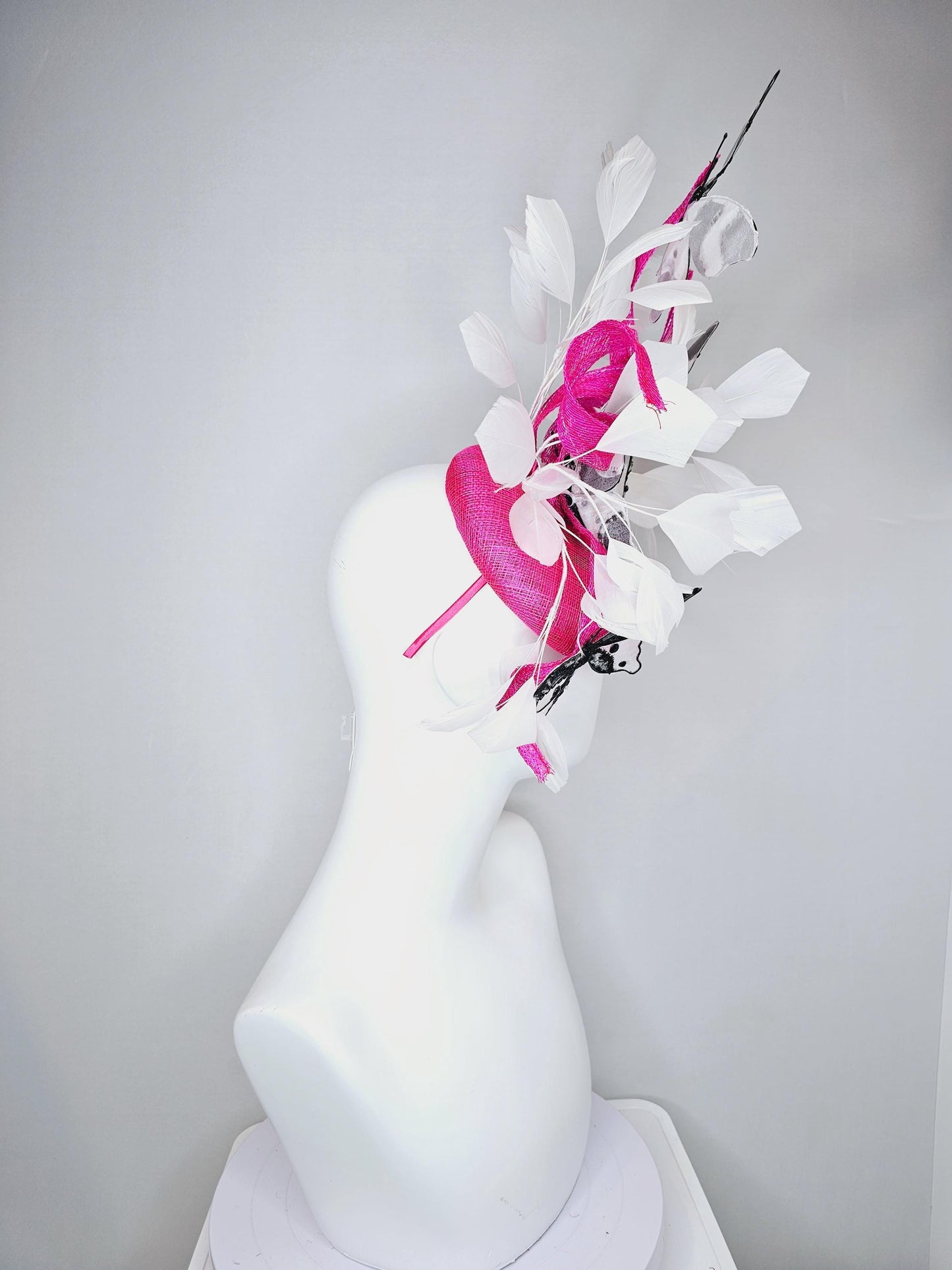 kentucky derby hat fascinator hot pink sinamay with tall curls,white feathers,black and white rhinestone crystal embroidered butterflies