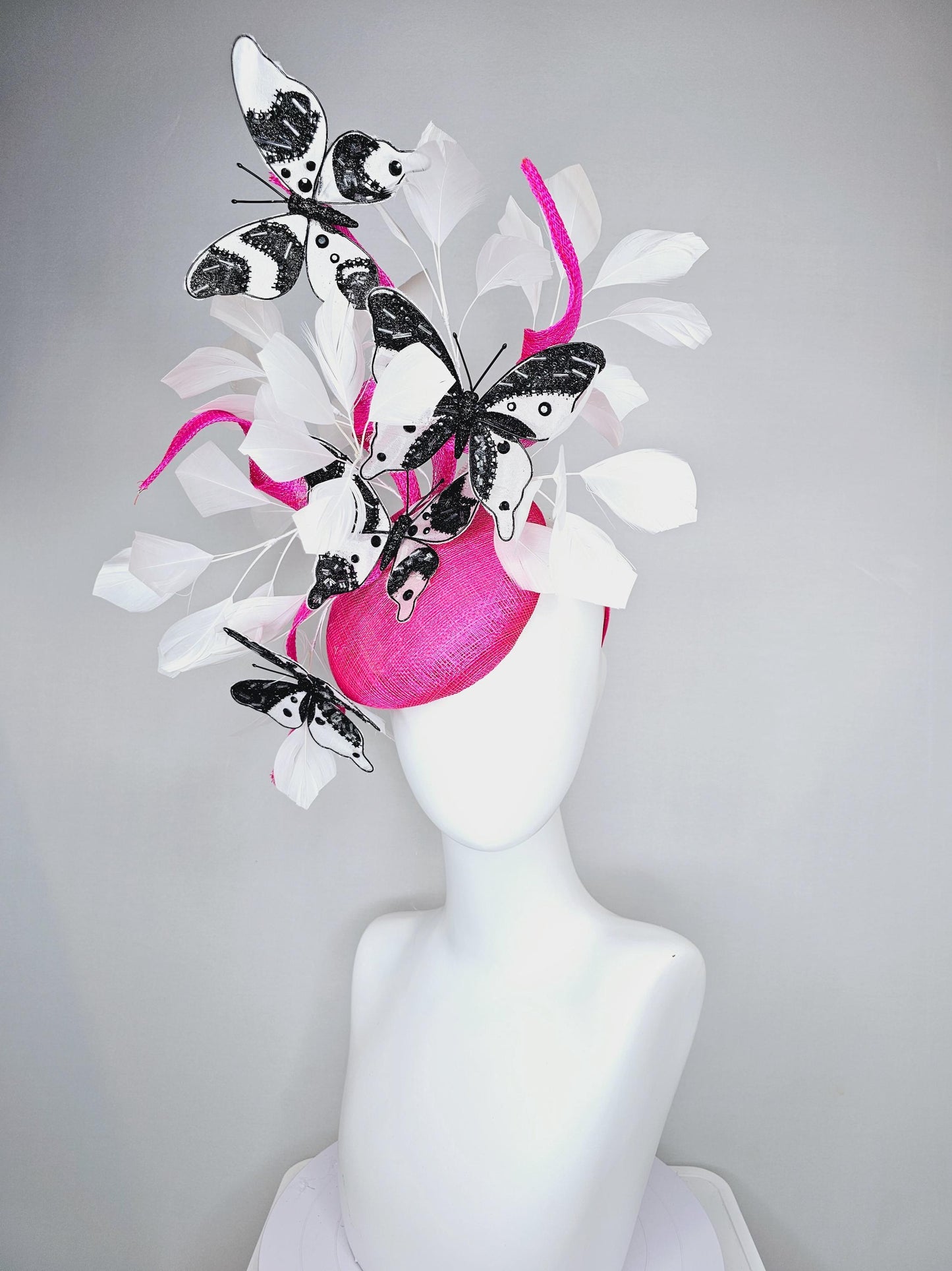 kentucky derby hat fascinator hot pink sinamay with tall curls,white feathers,black and white rhinestone crystal embroidered butterflies