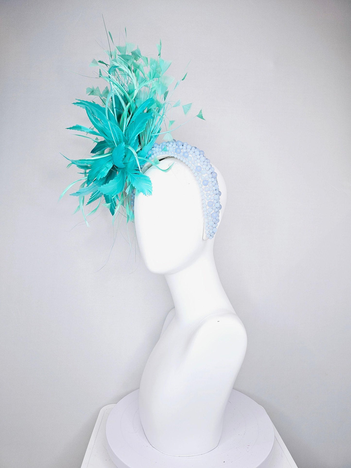 kentucky derby hat fascinator green feather flower and feathers with light blue pearl beaded headband