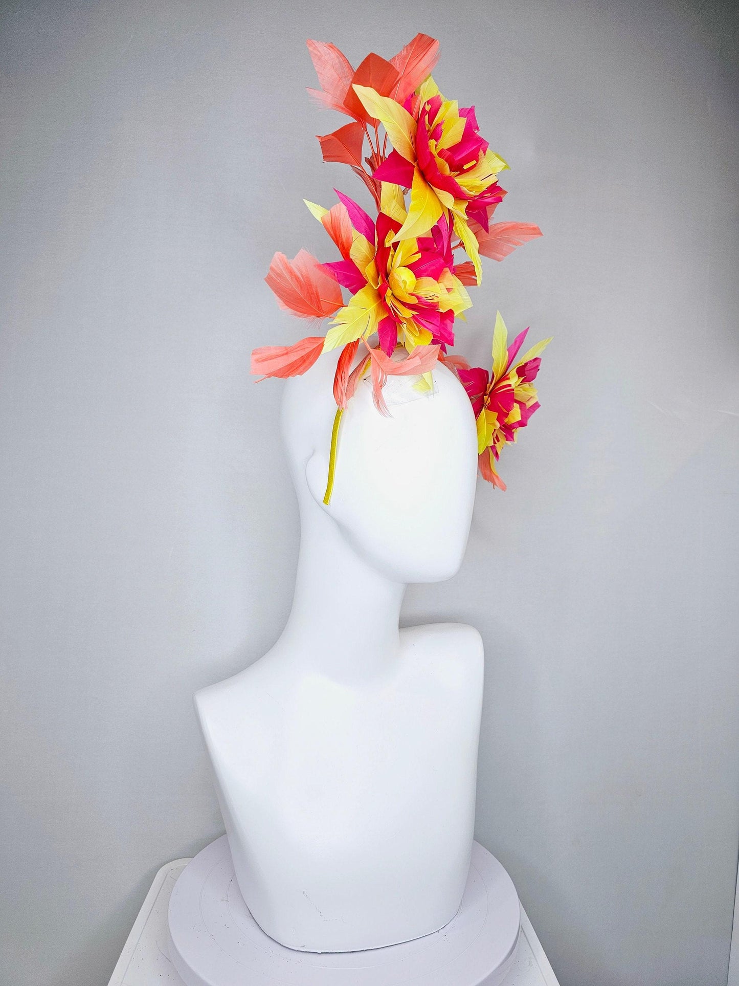 kentucky derby hat fascinator pink and yellow feather flowers with coral feathers on thin headband