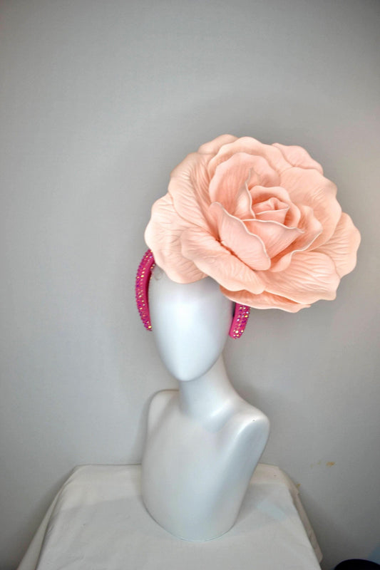 kentucky derby hat fascinator light pink peach light coral large flower with bright pink fuchsia swarovski crystal headband