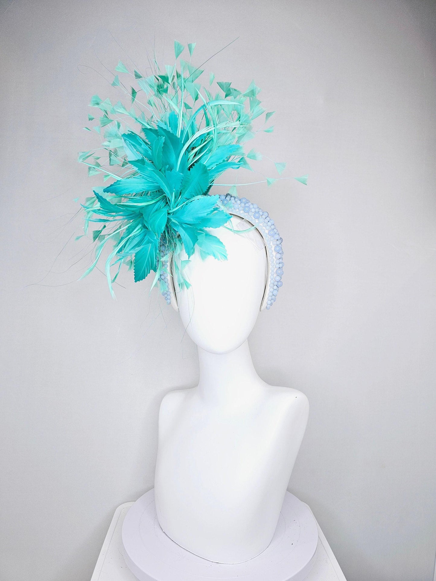 kentucky derby hat fascinator green feather flower and feathers with light blue pearl beaded headband