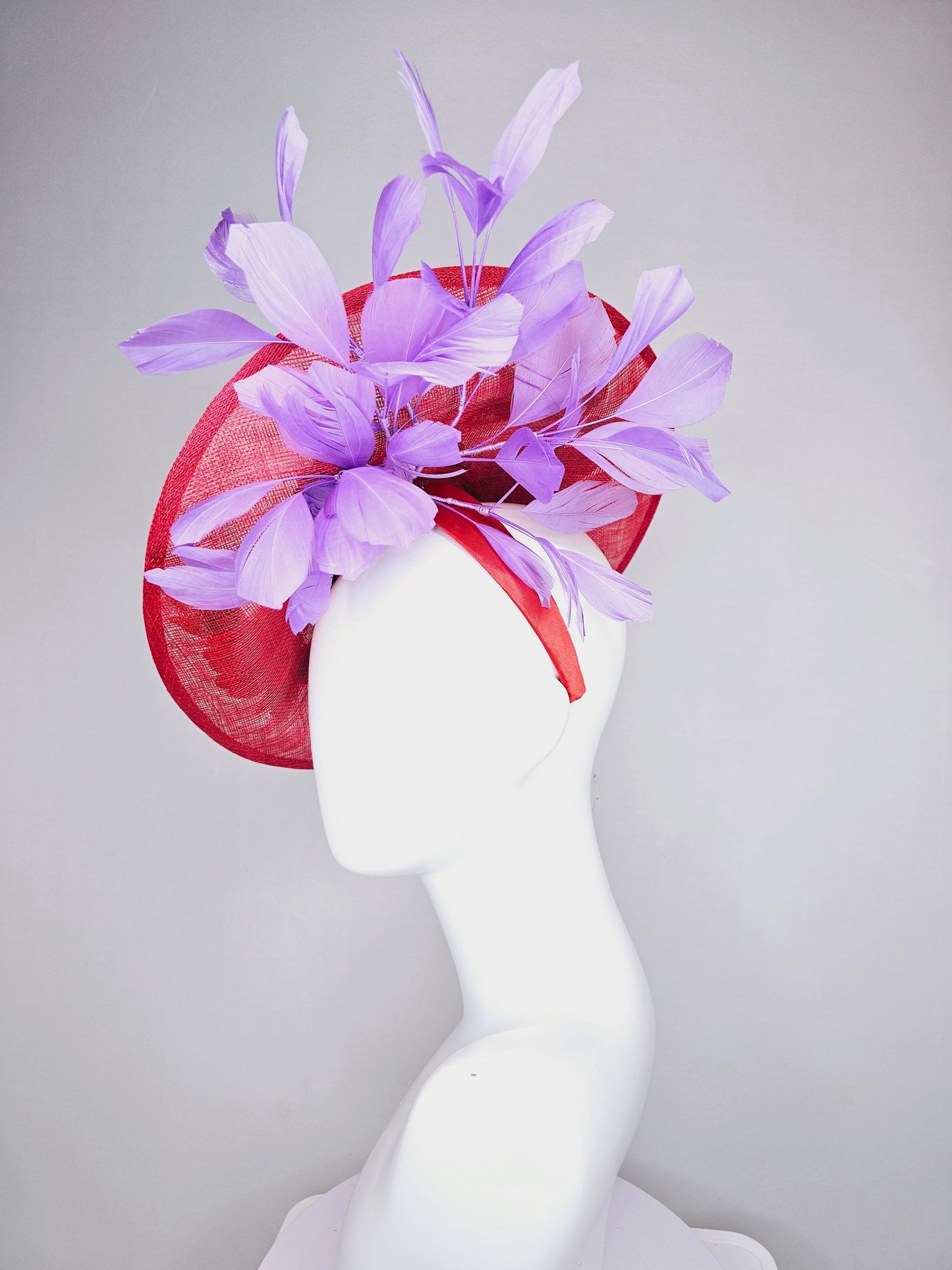 kentucky derby hat fascinator red sinamay saucer with red purple gold green embroidered flowers and lavender purple branching feathers