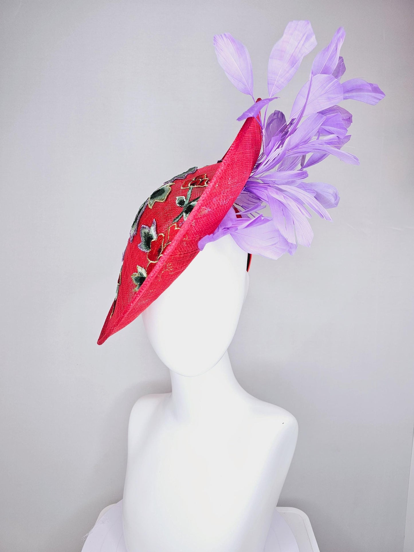 kentucky derby hat fascinator red sinamay saucer with red purple gold green embroidered flowers and lavender purple branching feathers