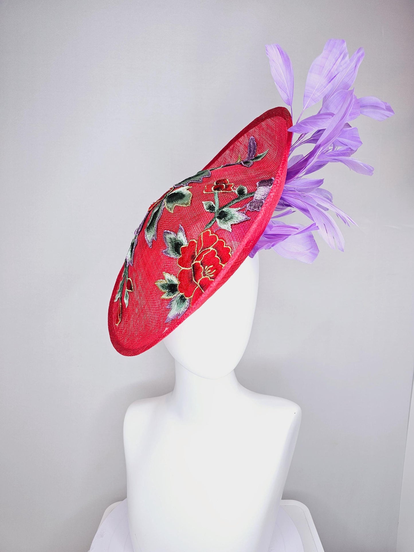 kentucky derby hat fascinator red sinamay saucer with red purple gold green embroidered flowers and lavender purple branching feathers
