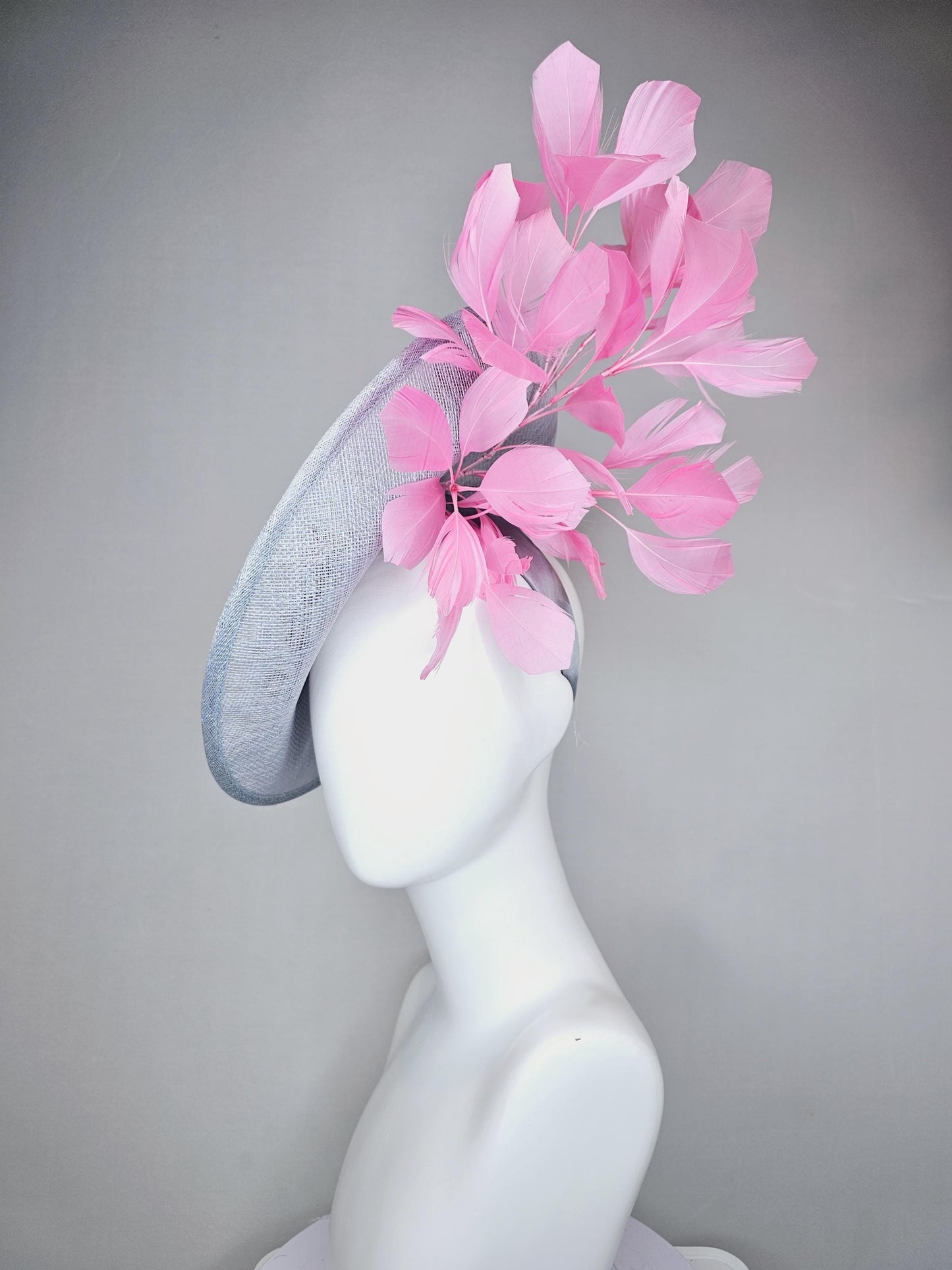 kentucky derby hat fascinator light gray sinamay saucer with light pink organza satin flowers and blush pink branching feathers