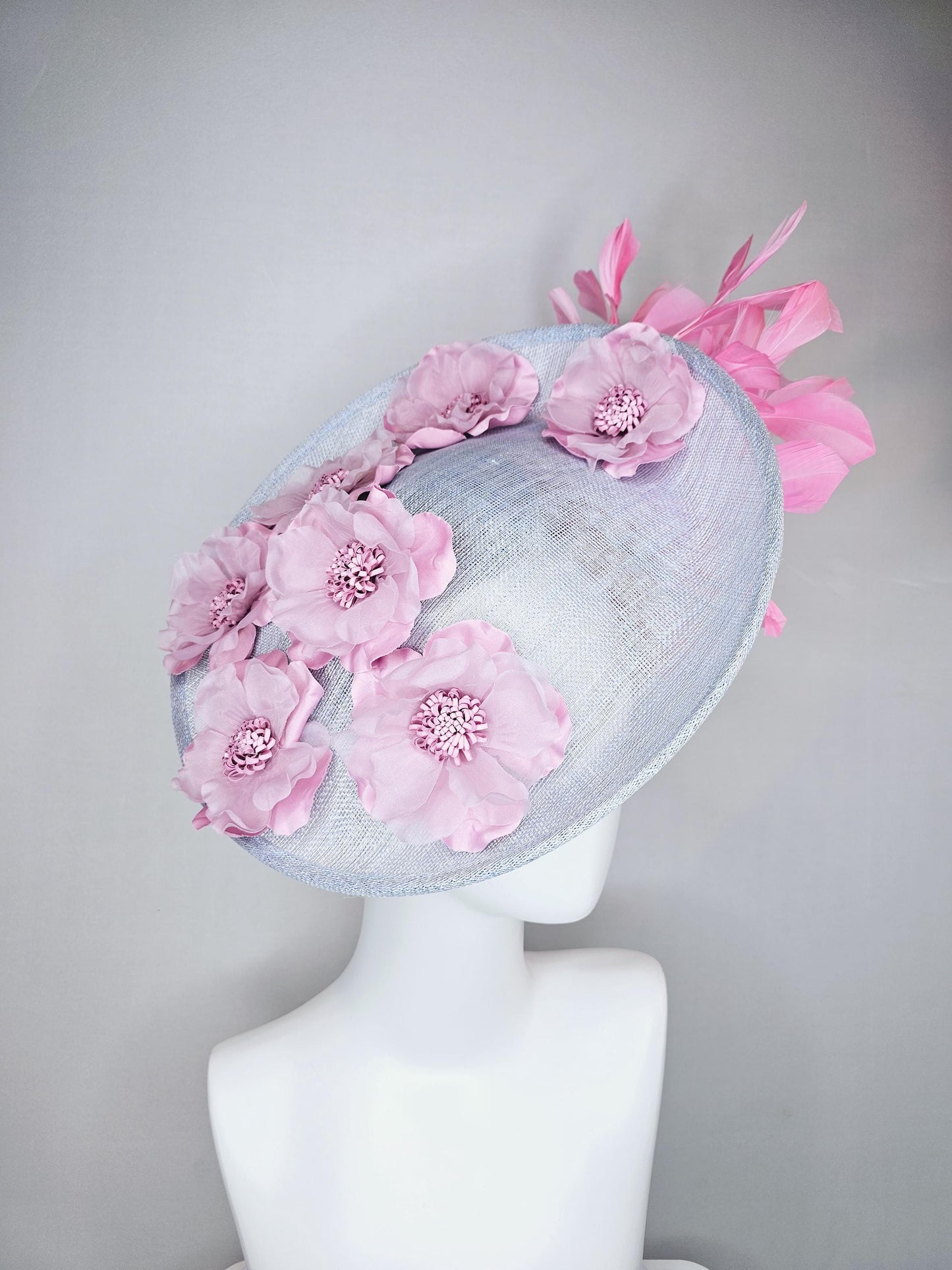 kentucky derby hat fascinator light gray sinamay saucer with light pink organza satin flowers and blush pink branching feathers
