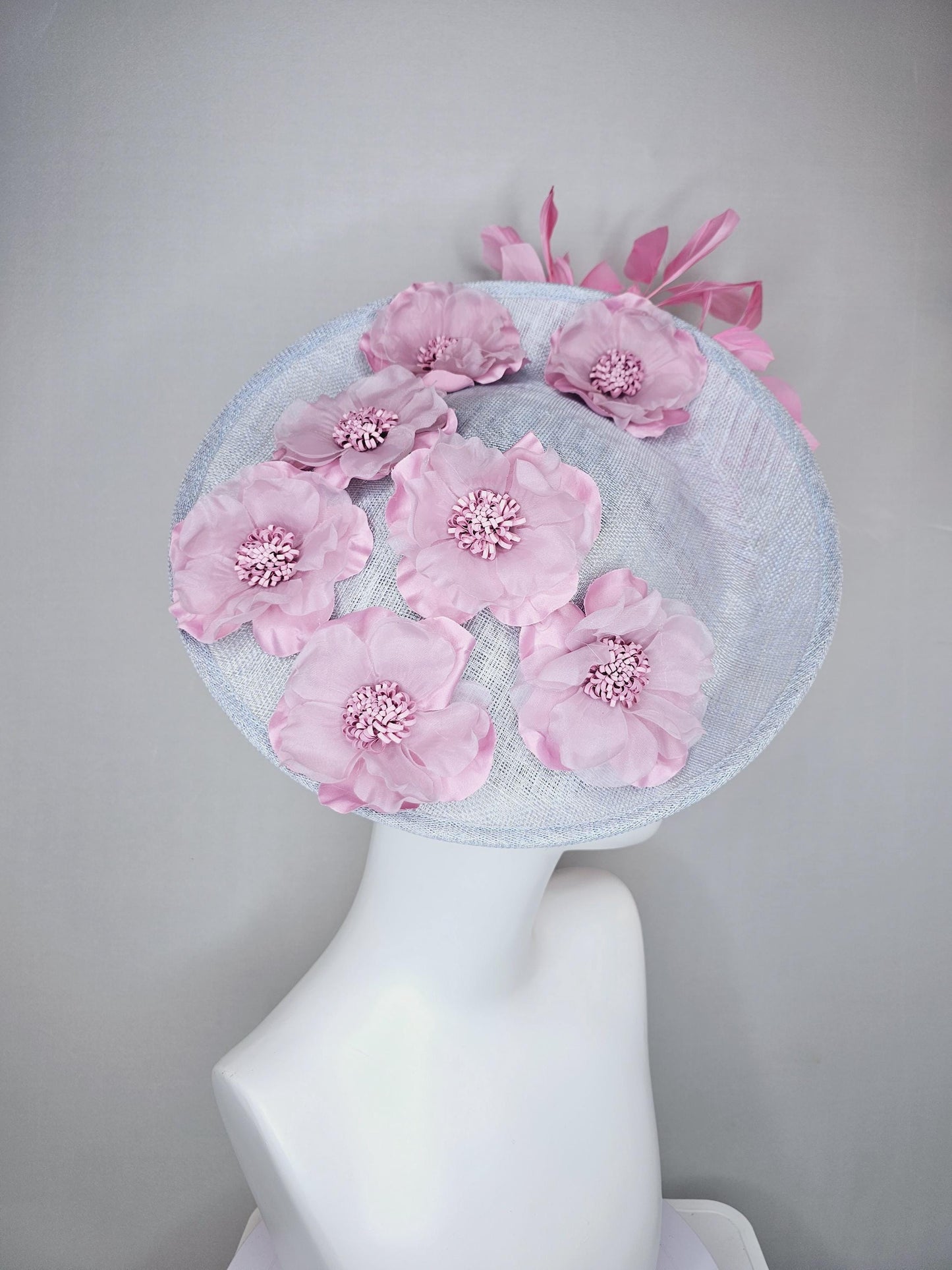 kentucky derby hat fascinator light gray sinamay saucer with light pink organza satin flowers and blush pink branching feathers