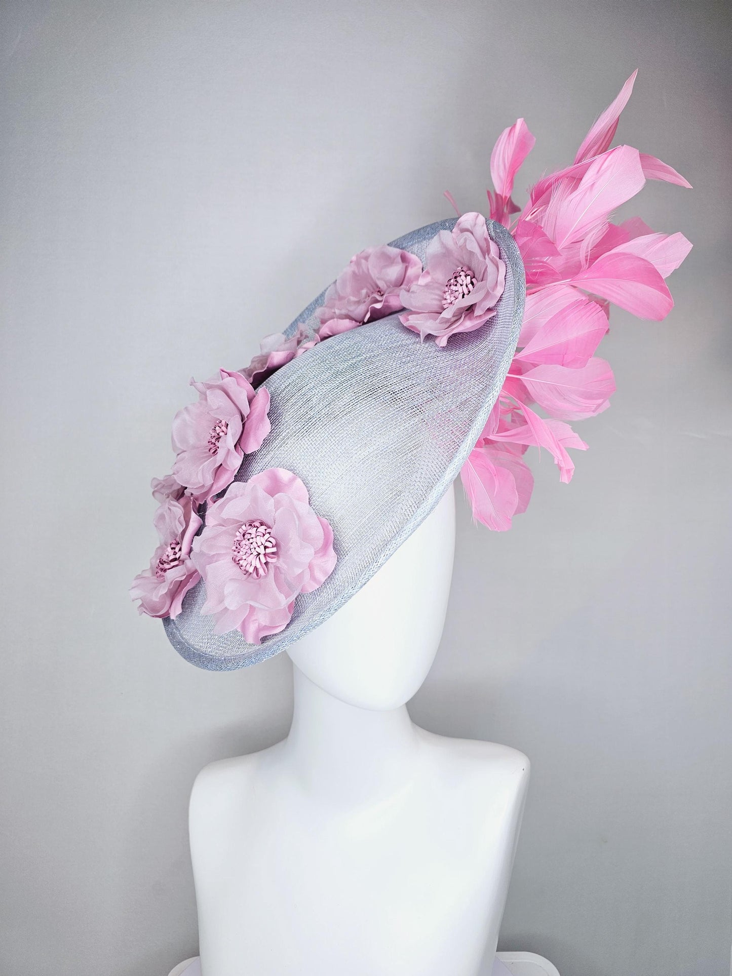 kentucky derby hat fascinator light gray sinamay saucer with light pink organza satin flowers and blush pink branching feathers