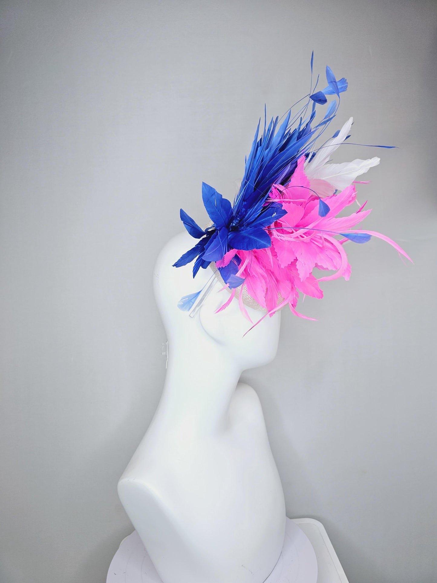 kentucky derby hat fascinator white sinamay with fluffy blush pink zigzag feather flower and white and cobalt royal blue branching feathers