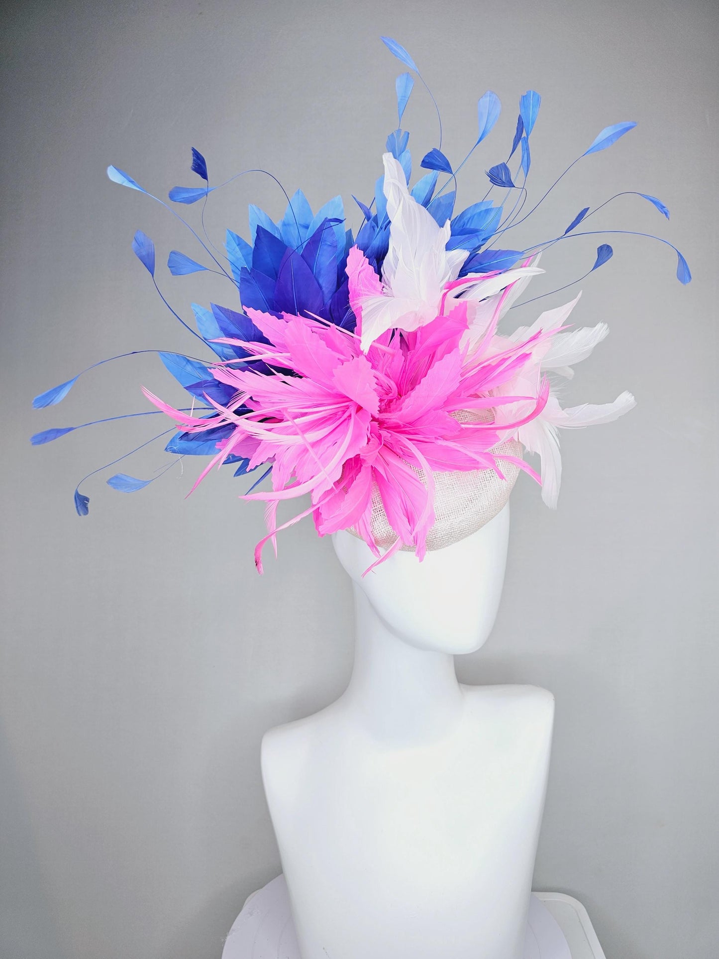 kentucky derby hat fascinator white sinamay with fluffy blush pink zigzag feather flower and white and cobalt royal blue branching feathers