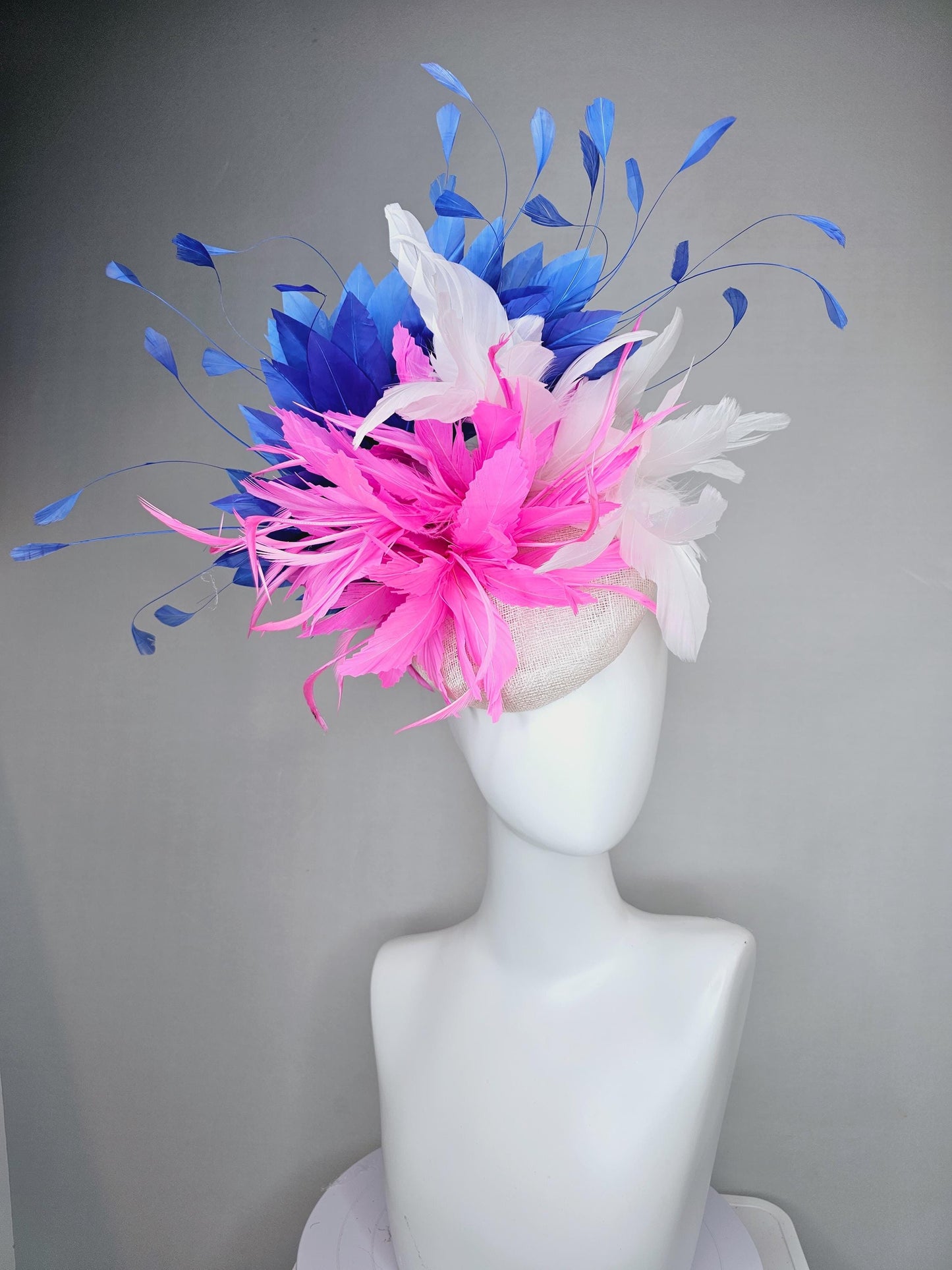 kentucky derby hat fascinator white sinamay with fluffy blush pink zigzag feather flower and white and cobalt royal blue branching feathers