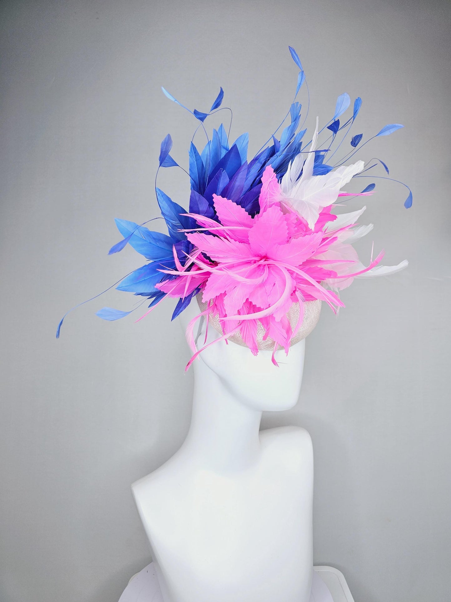 kentucky derby hat fascinator white sinamay with fluffy blush pink zigzag feather flower and white and cobalt royal blue branching feathers