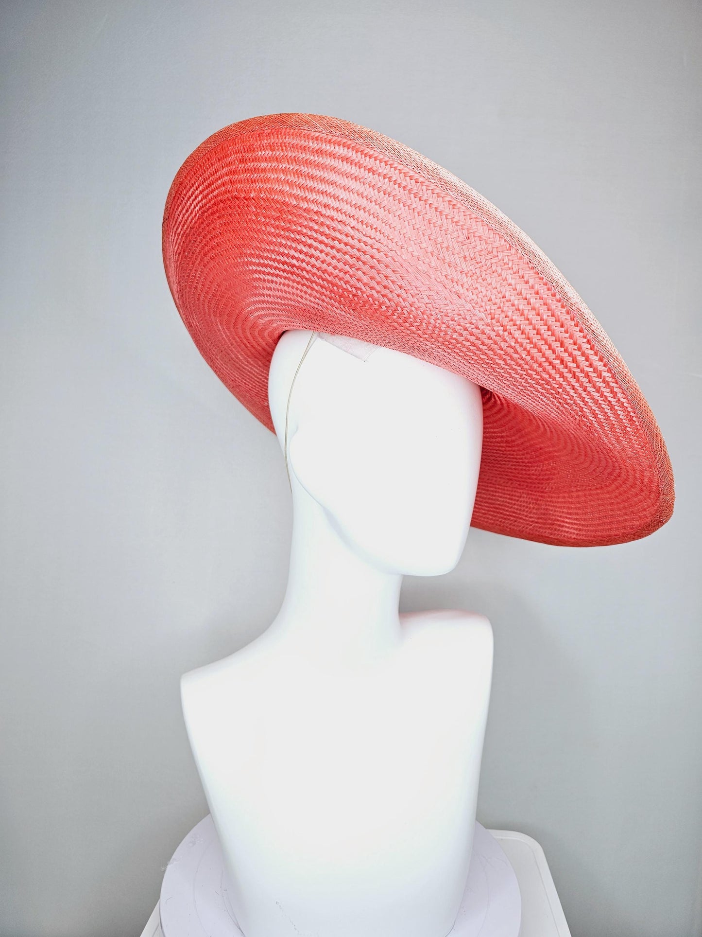 kentucky derby hat wide brim straw in coral orange with pink branching feathers hot pink satin roses green light pink gold leaves