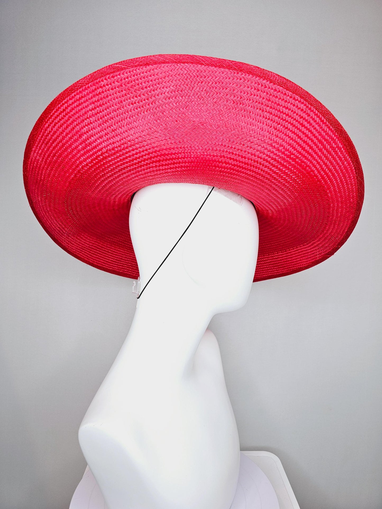 kentucky derby hat wide brim straw in red with scarlet red branching feathers with burgundy red satin roses and light pink dark green leaves