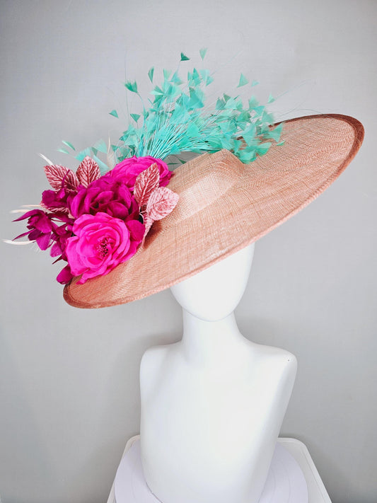 kentucky derby hat wide brim coral orange sinamay with bright fuchsia pink satin roses light pink leaves mint green neutral beige feathers