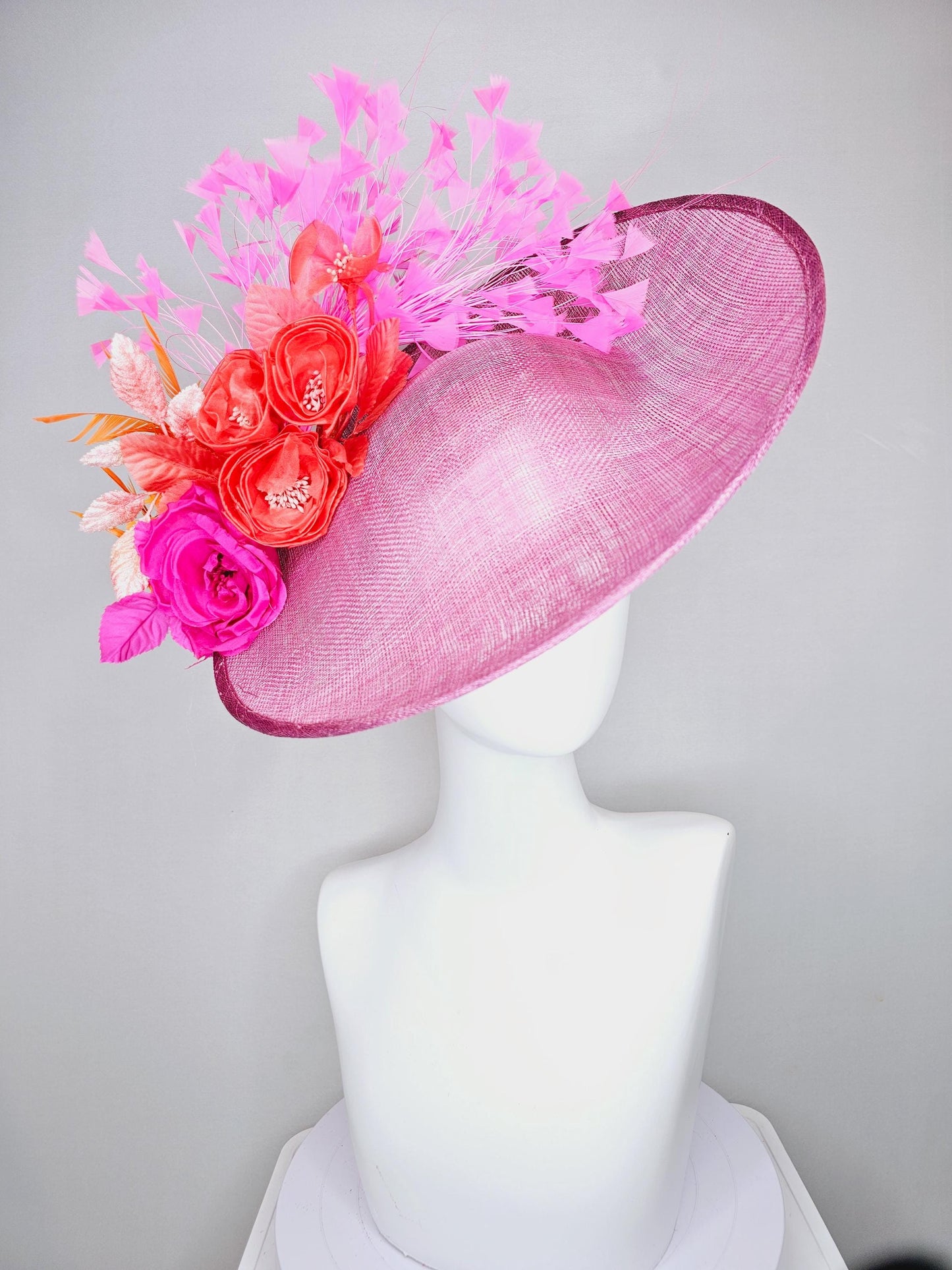 kentucky derby hat fascinator pink sinamay saucer fuchsia pink coral orange satin roses light pink leaves apricot orange brigh pink feathers