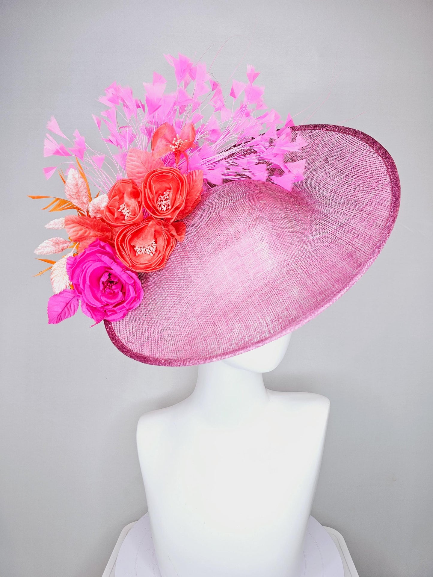 kentucky derby hat fascinator pink sinamay saucer fuchsia pink coral orange satin roses light pink leaves apricot orange brigh pink feathers