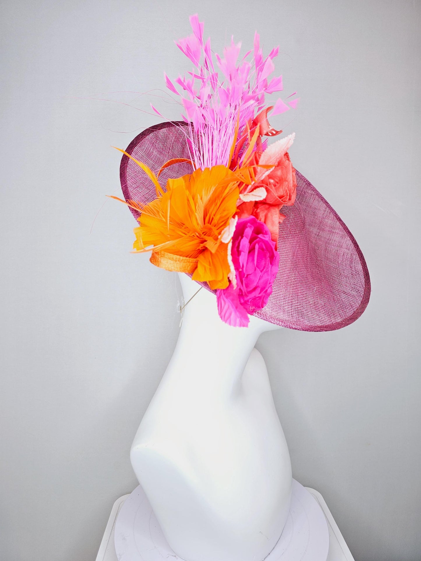 kentucky derby hat fascinator pink sinamay saucer fuchsia pink coral orange satin roses light pink leaves apricot orange brigh pink feathers