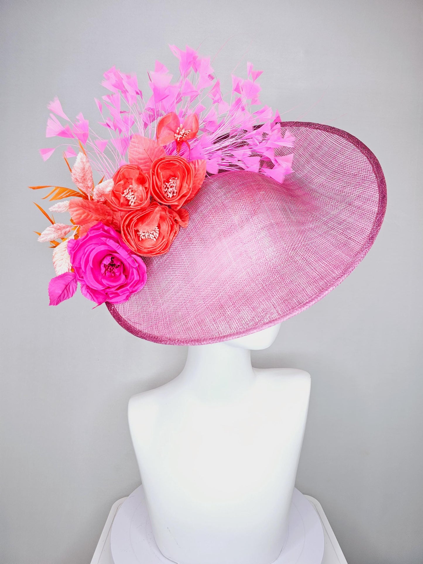 kentucky derby hat fascinator pink sinamay saucer fuchsia pink coral orange satin roses light pink leaves apricot orange brigh pink feathers
