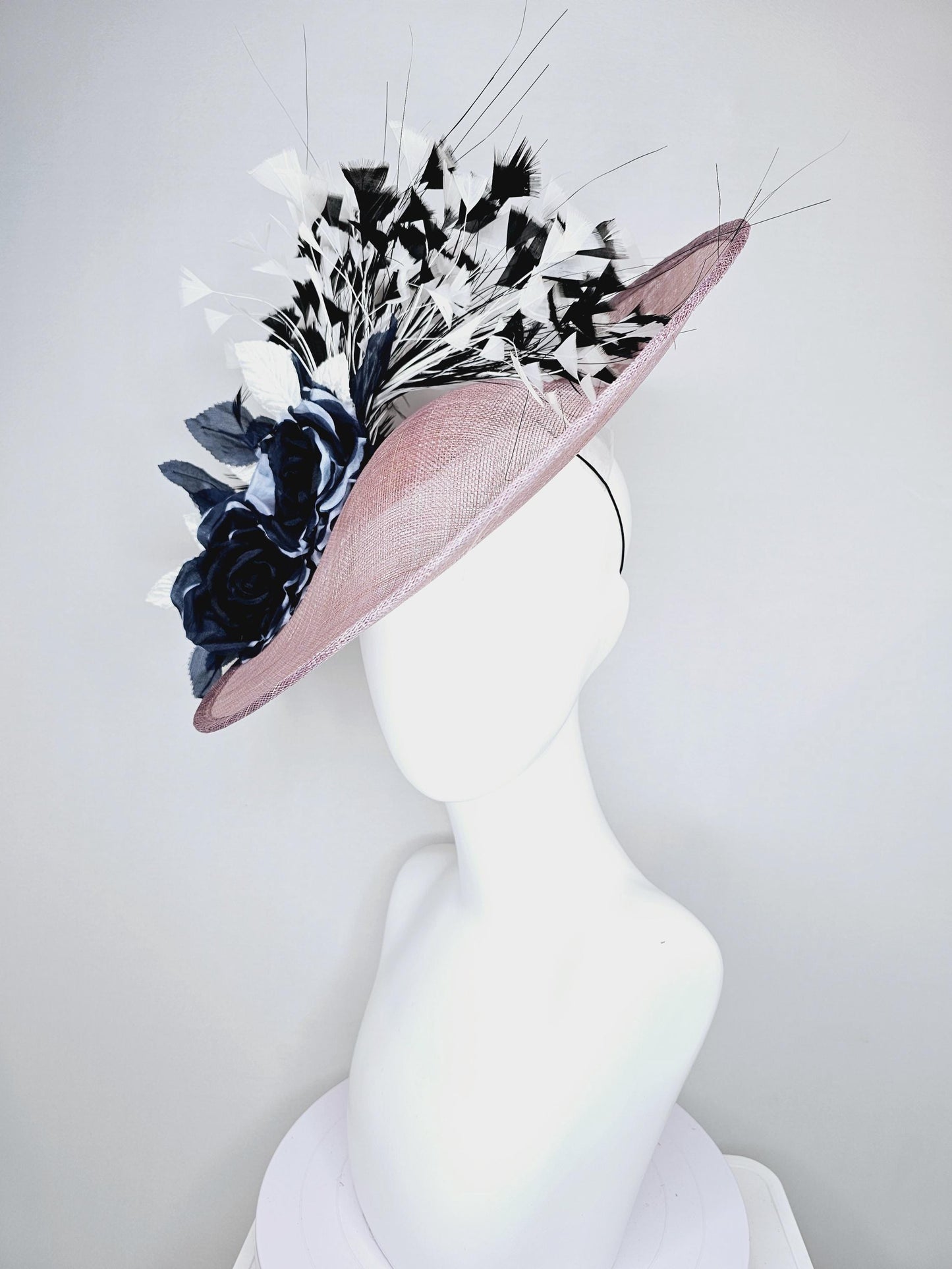 kentucky derby hat fascinator mauve taupe gray sinamay saucer black and white organza roses black and white leaves black and white feathers