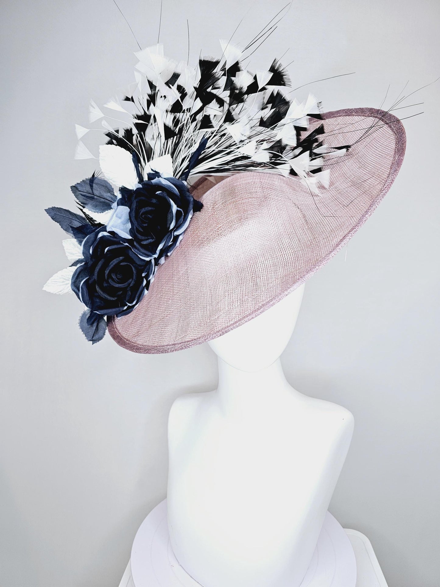 kentucky derby hat fascinator mauve taupe gray sinamay saucer black and white organza roses black and white leaves black and white feathers