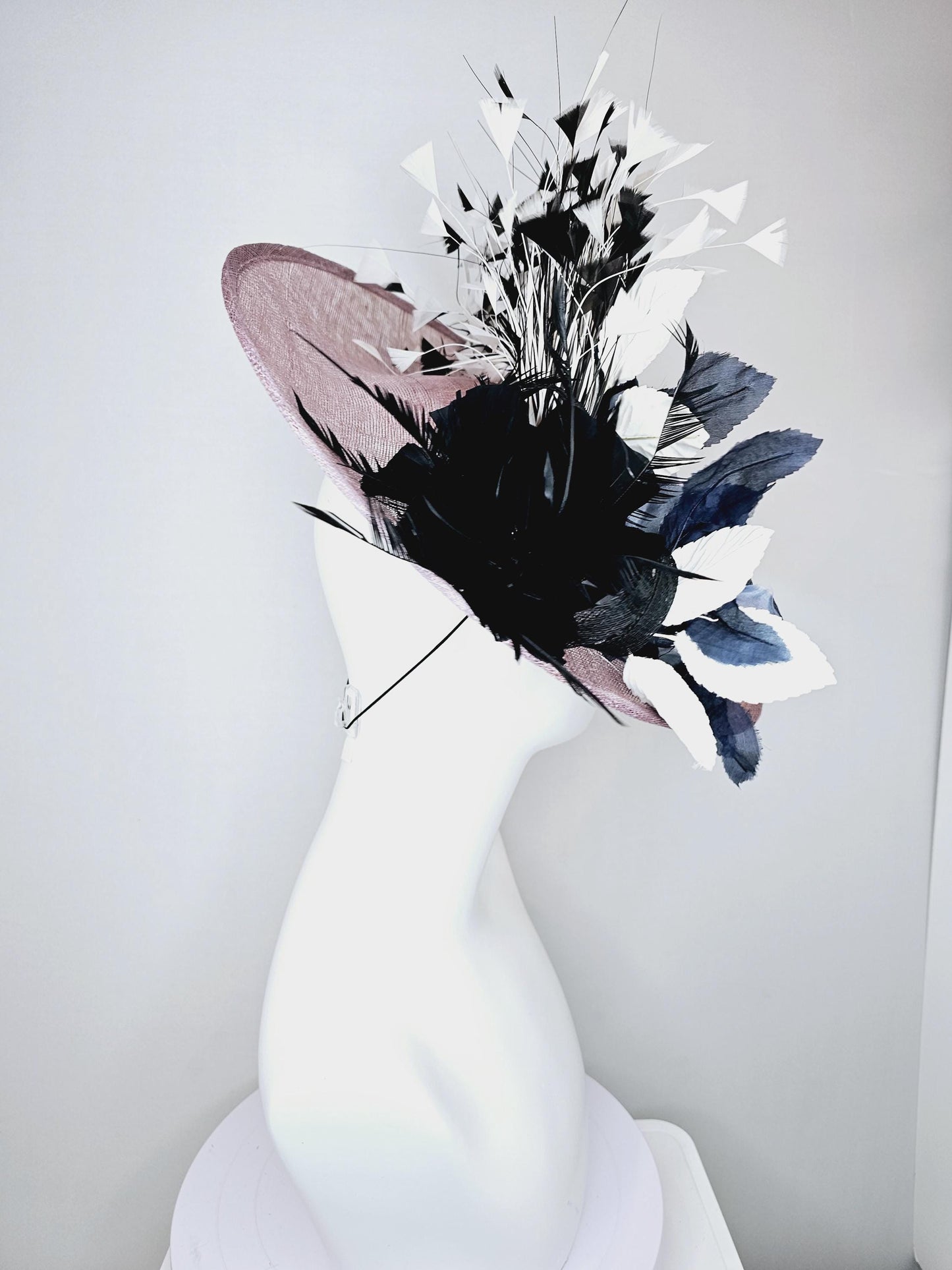 kentucky derby hat fascinator mauve taupe gray sinamay saucer black and white organza roses black and white leaves black and white feathers
