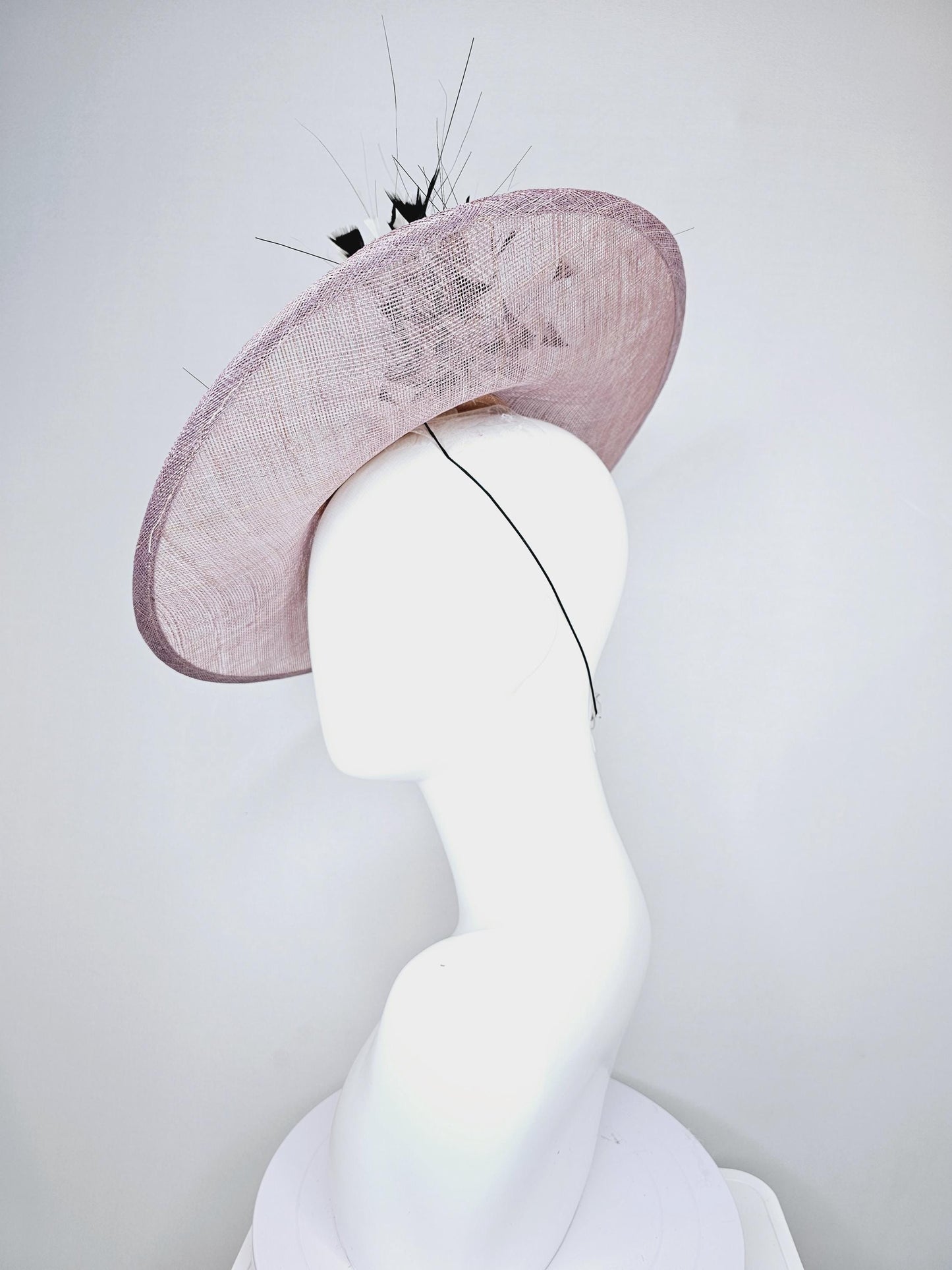 kentucky derby hat fascinator mauve taupe gray sinamay saucer black and white organza roses black and white leaves black and white feathers