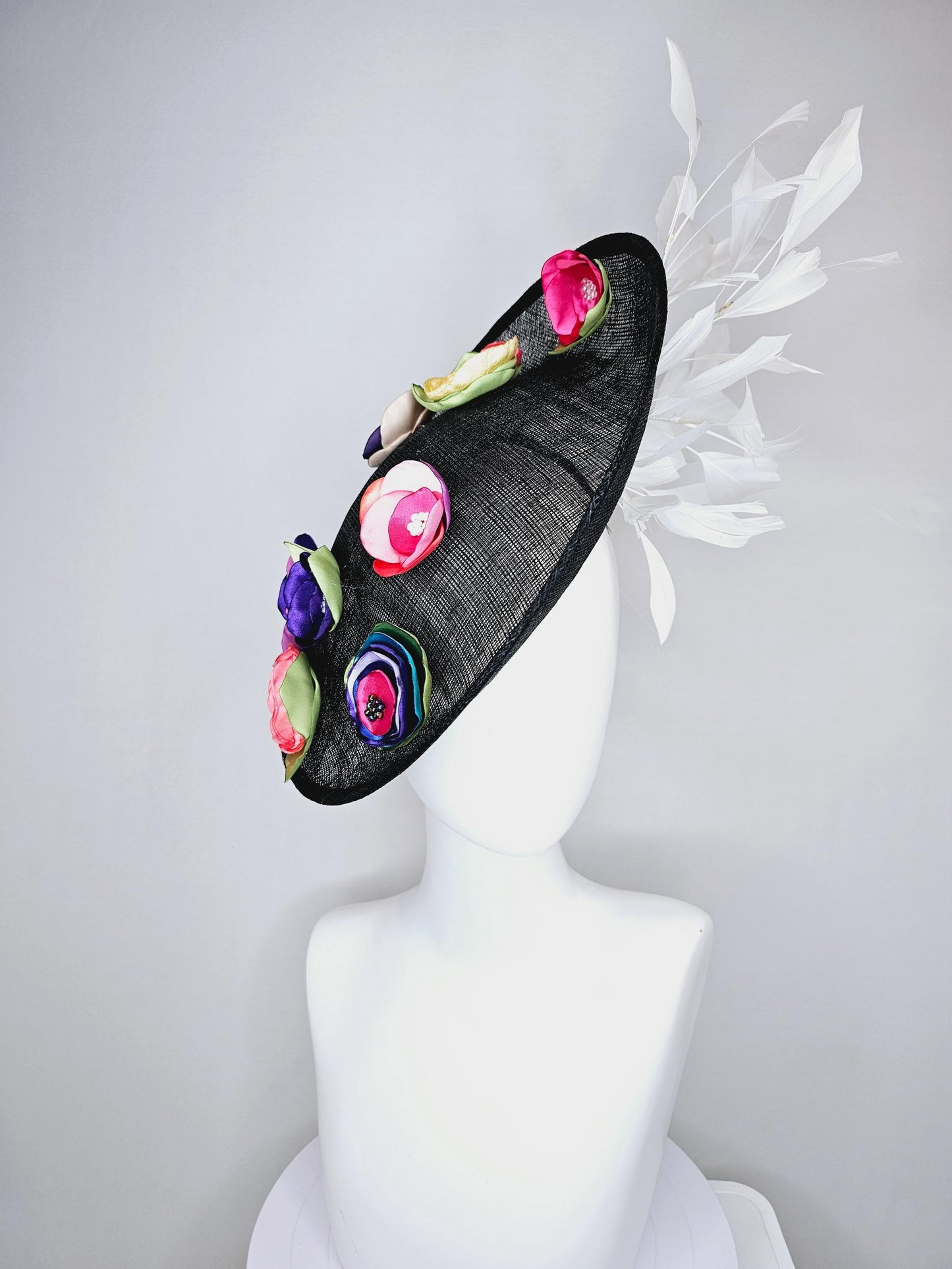kentucky derby hat fascinator black sinamay saucer with colorful pink red coral orange yellow purple blue green satin flowers white feathers
