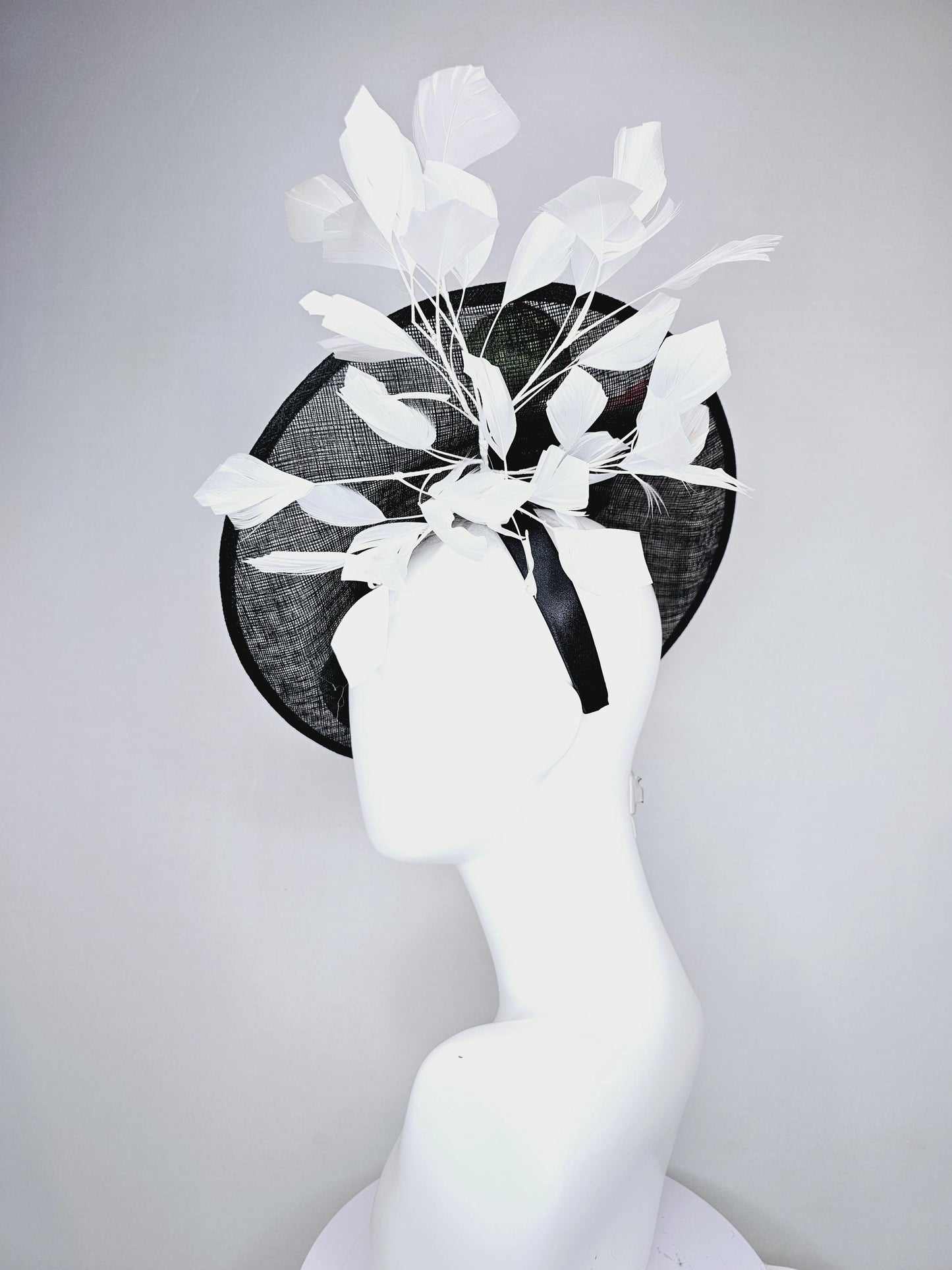 kentucky derby hat fascinator black sinamay saucer with colorful pink red coral orange yellow purple blue green satin flowers white feathers