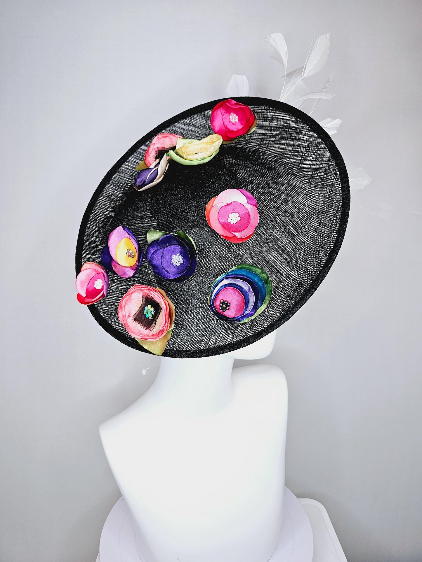 kentucky derby hat fascinator black sinamay saucer with colorful pink red coral orange yellow purple blue green satin flowers white feathers