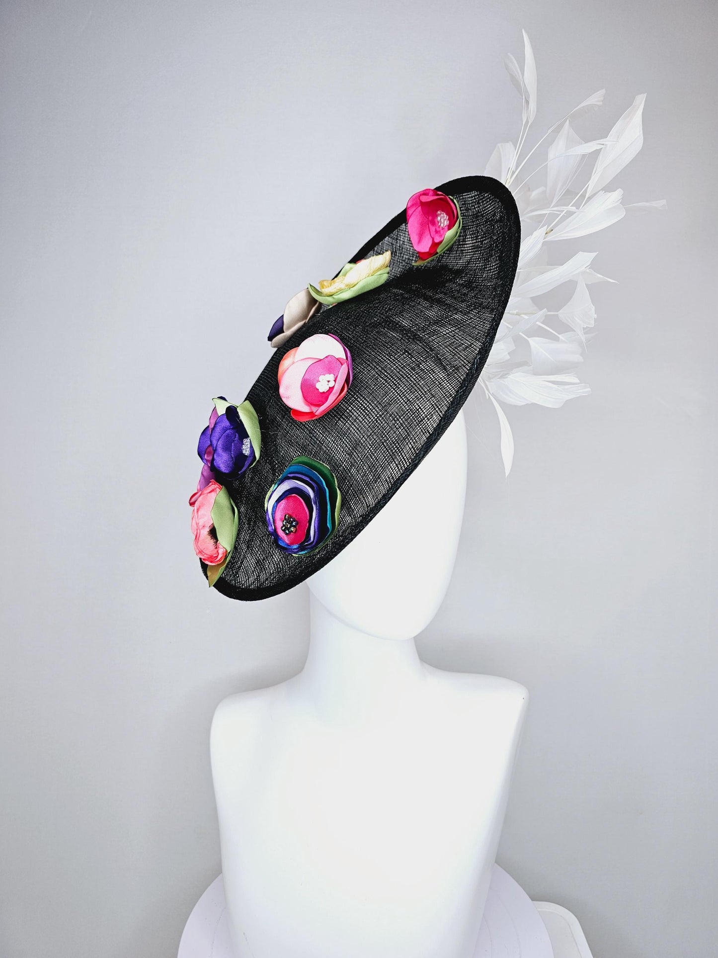 kentucky derby hat fascinator black sinamay saucer with colorful pink red coral orange yellow purple blue green satin flowers white feathers