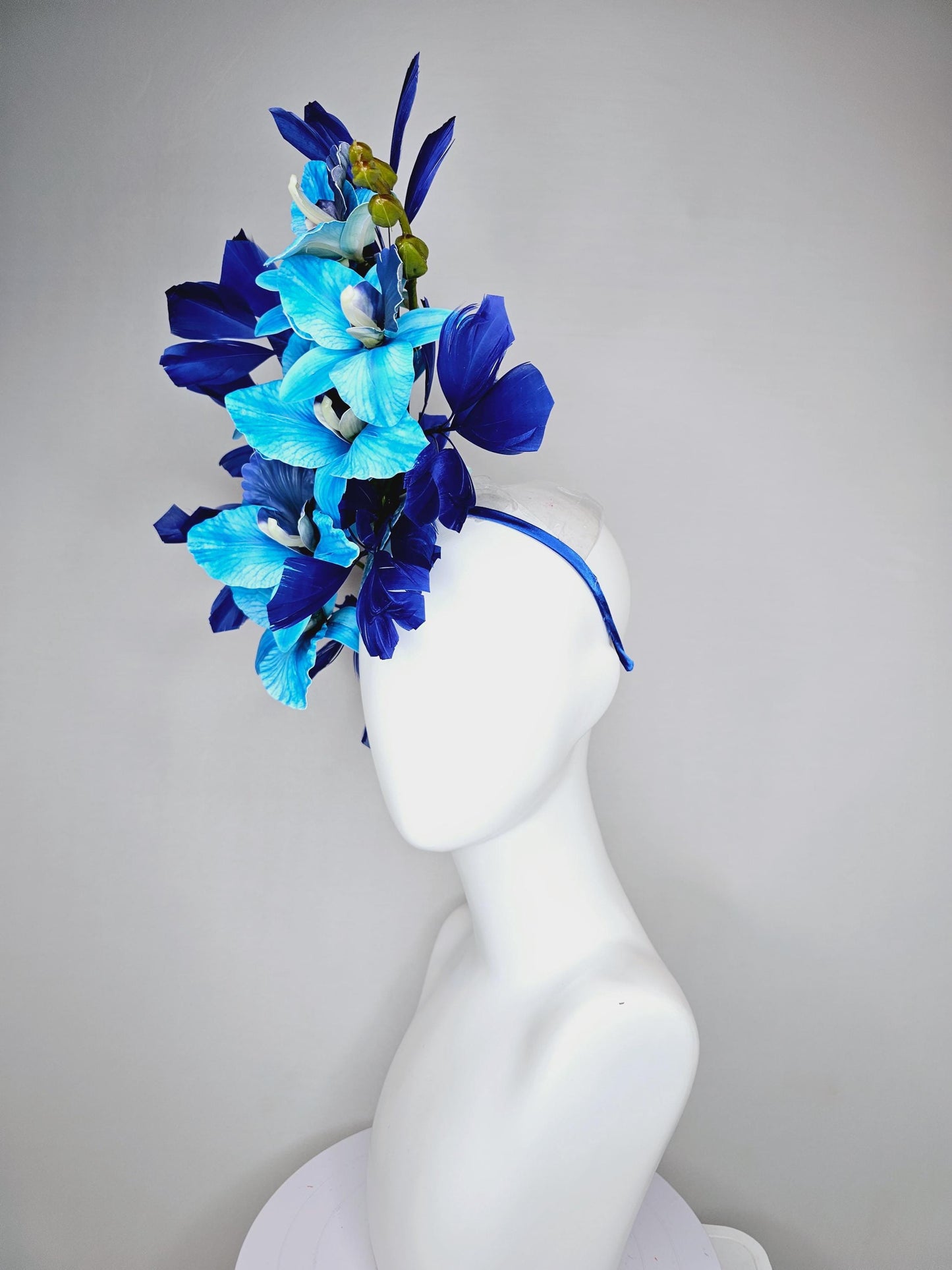 kentucky derby hat fascinator large sky blue cobalt blue satin silk orchid flowers with royal blue branching feathers