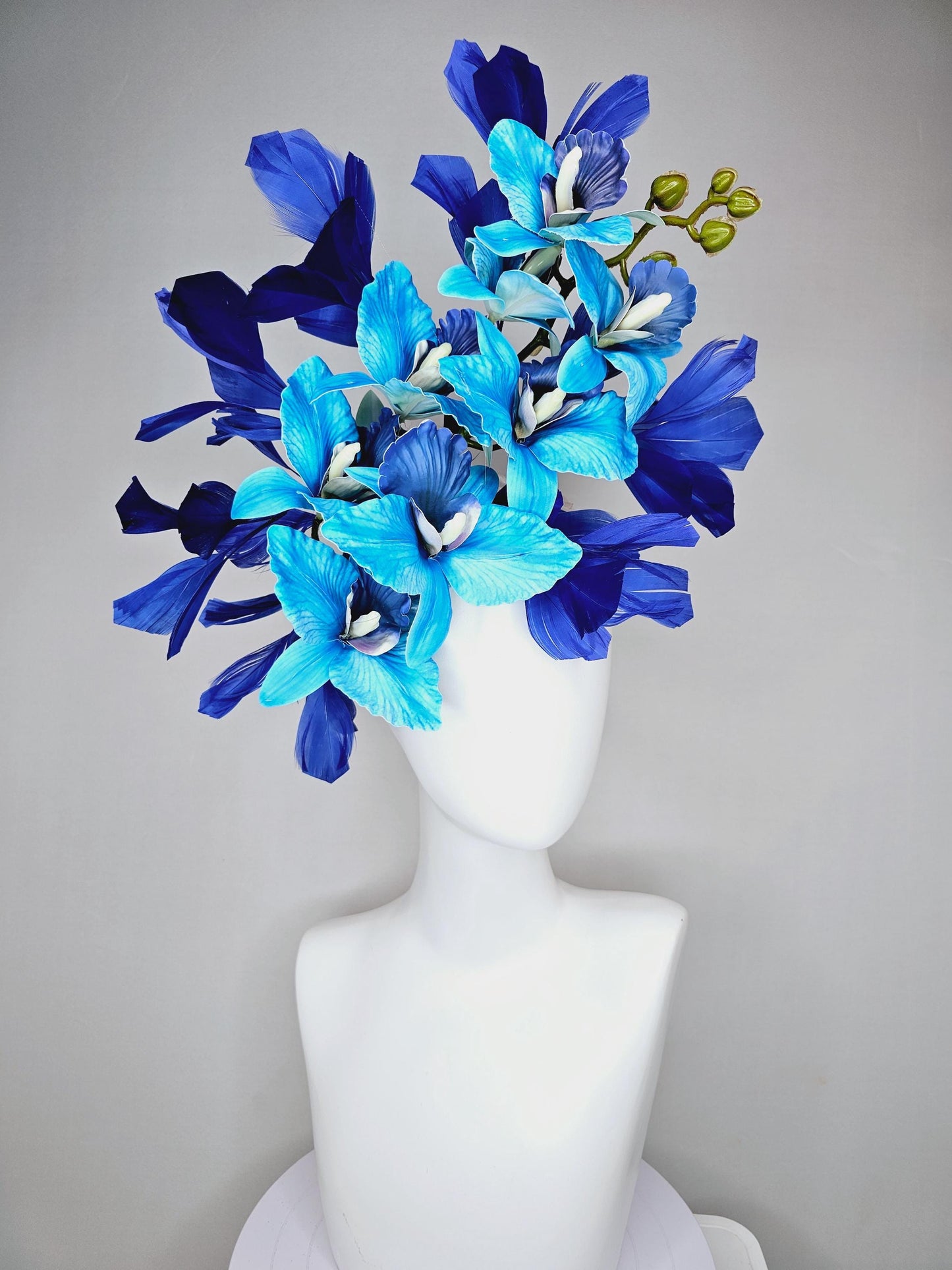 kentucky derby hat fascinator large sky blue cobalt blue satin silk orchid flowers with royal blue branching feathers