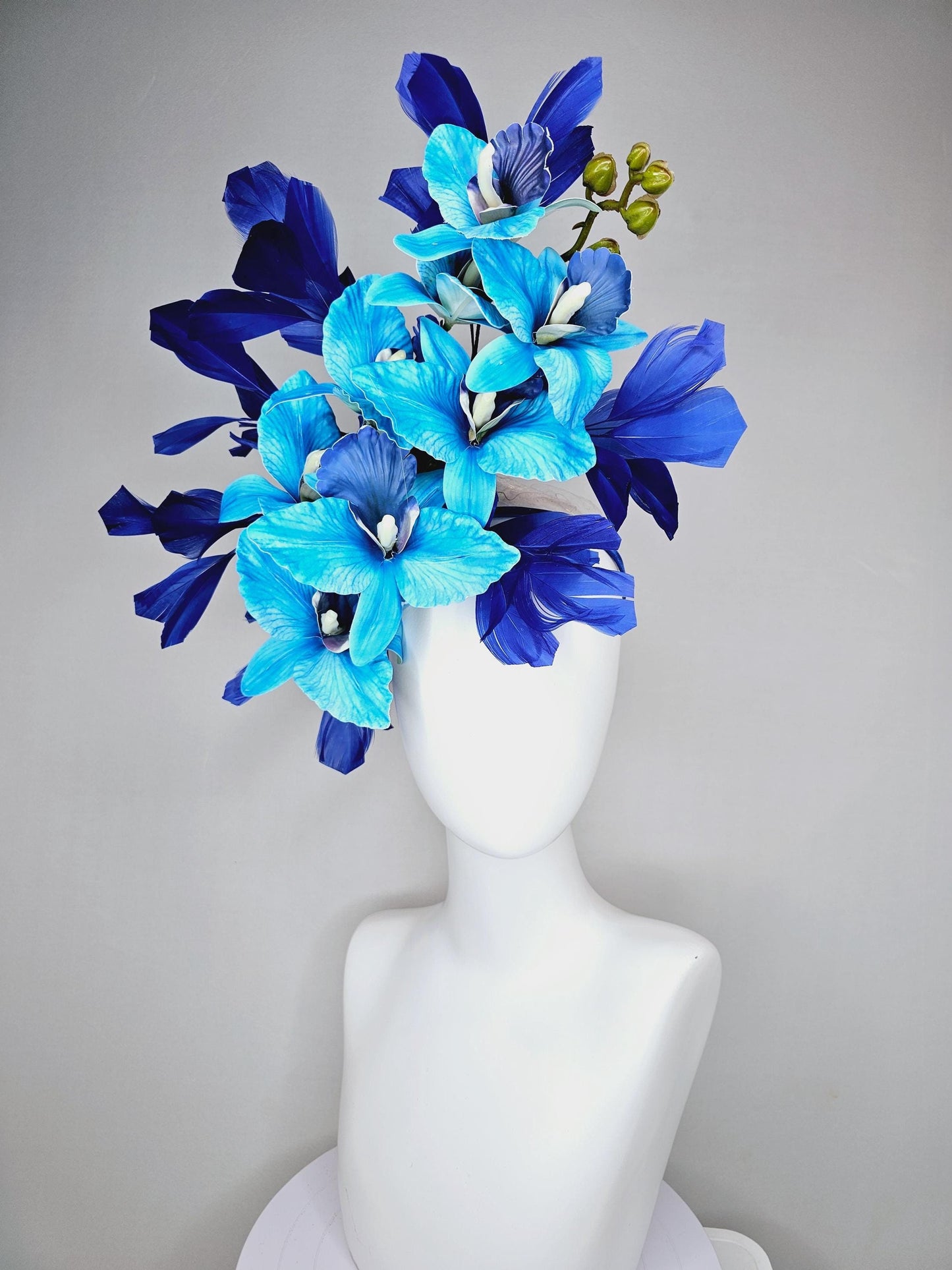 kentucky derby hat fascinator large sky blue cobalt blue satin silk orchid flowers with royal blue branching feathers