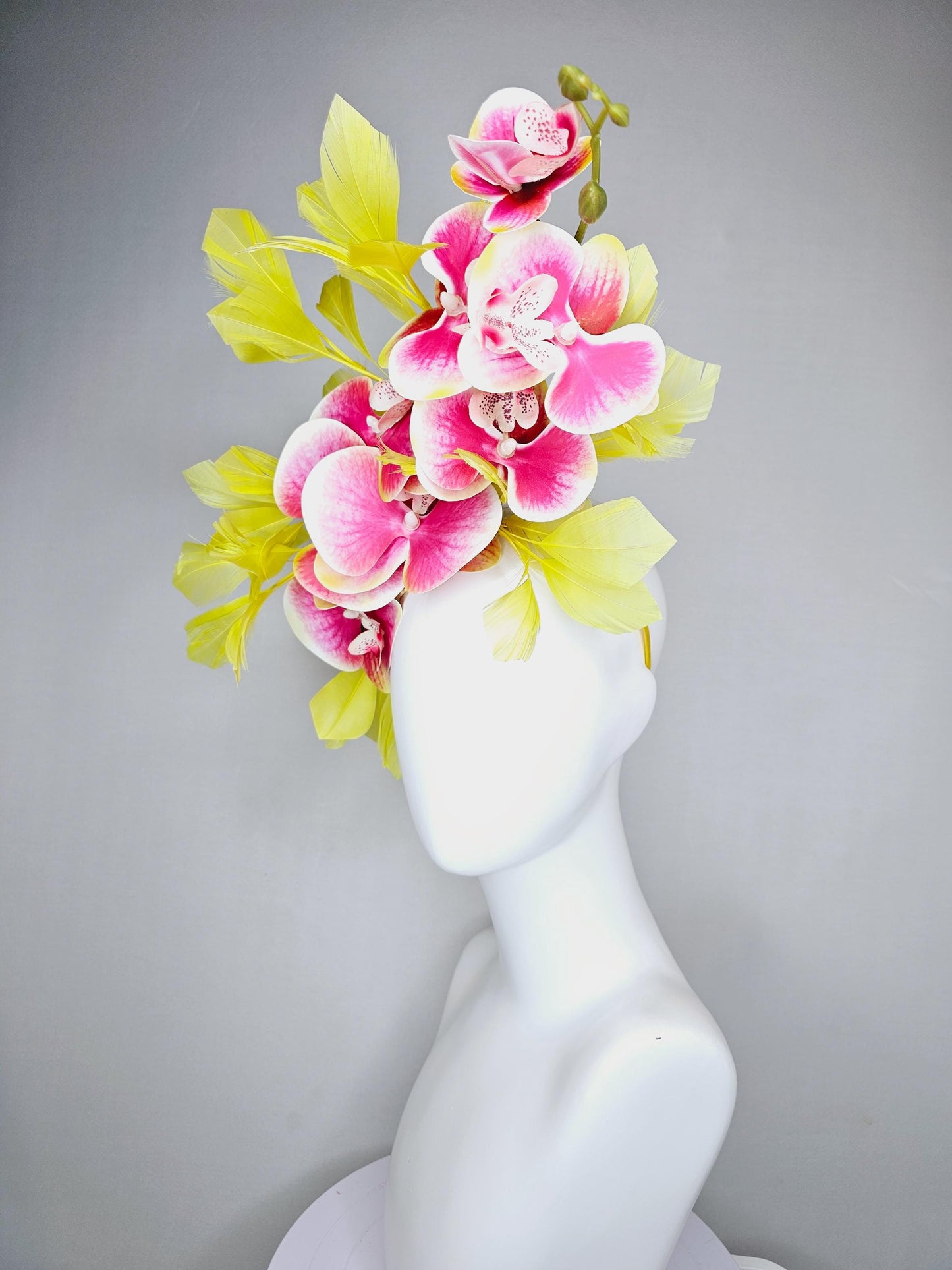 kentucky derby hat fascinator large white and raspberry pink satin silk orchid flowers with yellow branching feathers
