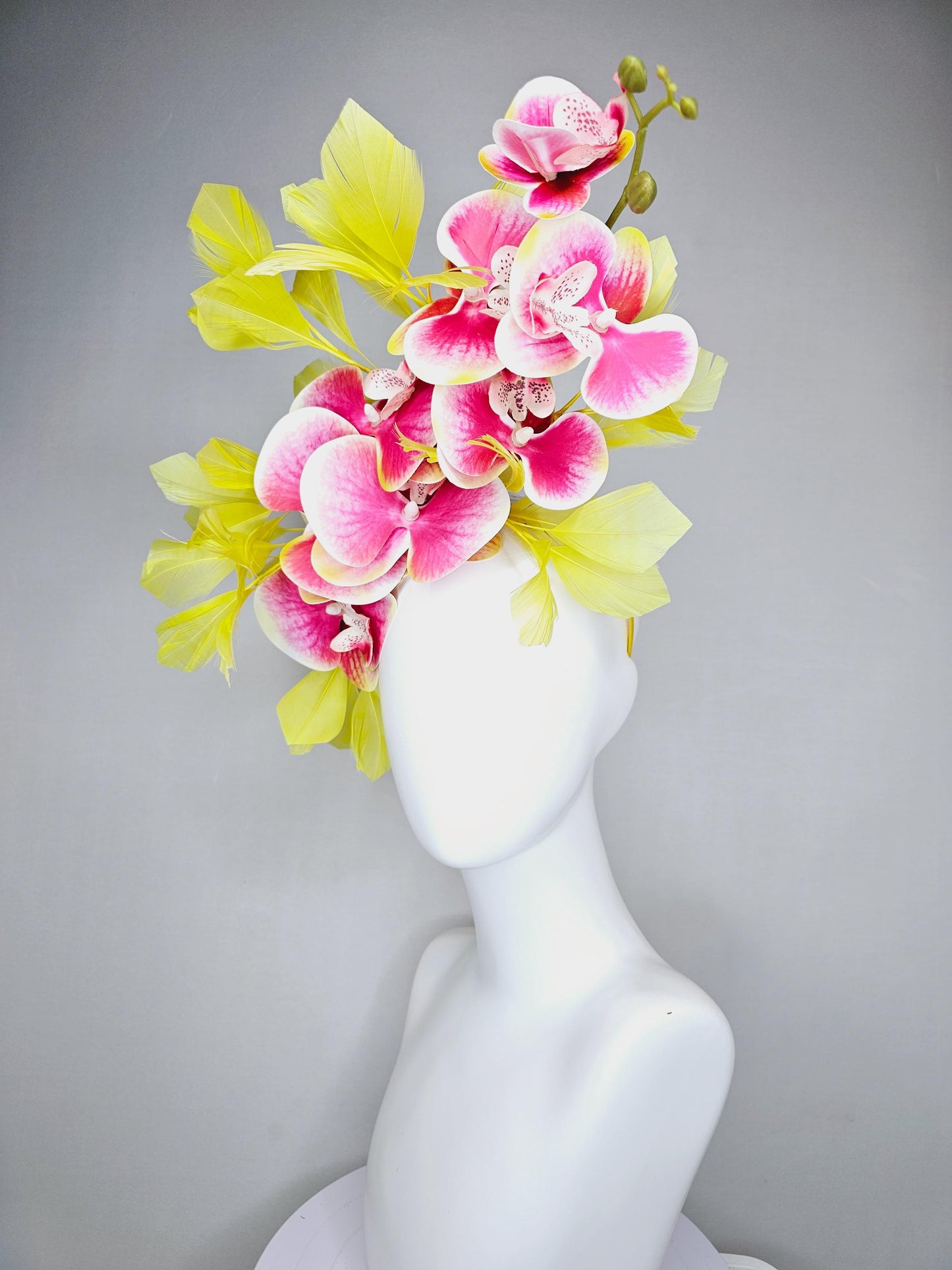 kentucky derby hat fascinator large white and raspberry pink satin silk orchid flowers with yellow branching feathers