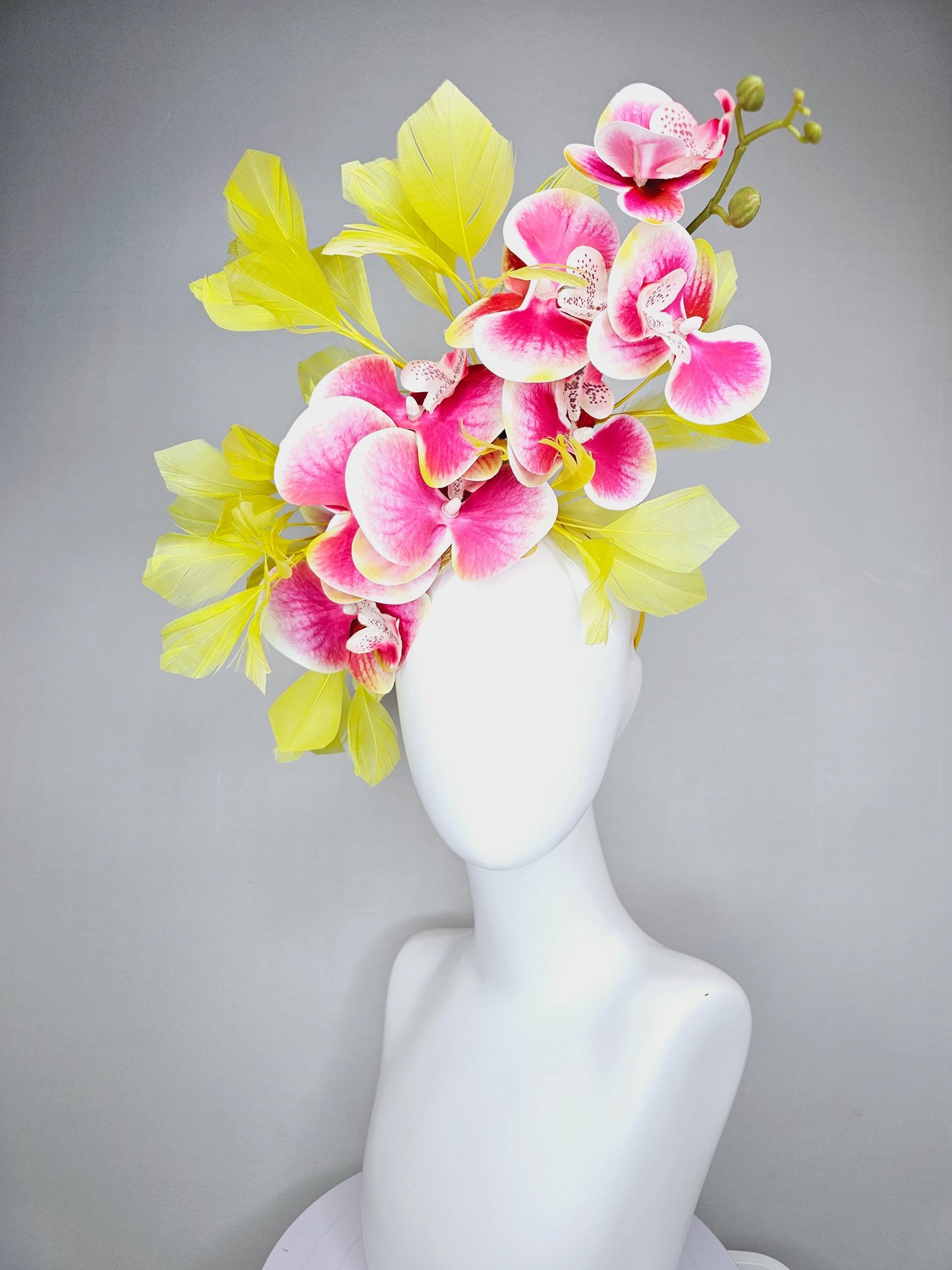 kentucky derby hat fascinator large white and raspberry pink satin silk orchid flowers with yellow branching feathers