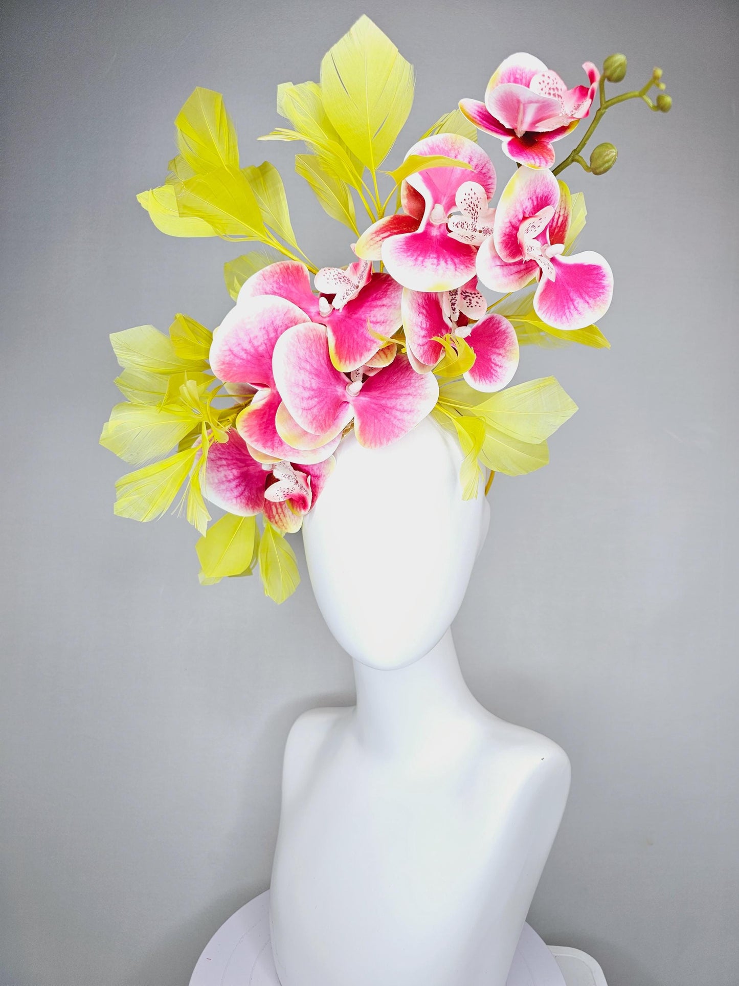 kentucky derby hat fascinator large white and raspberry pink satin silk orchid flowers with yellow branching feathers