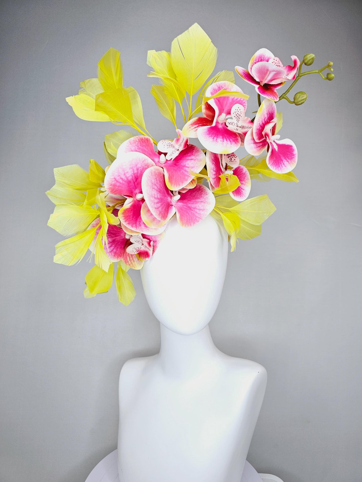 kentucky derby hat fascinator large white and raspberry pink satin silk orchid flowers with yellow branching feathers
