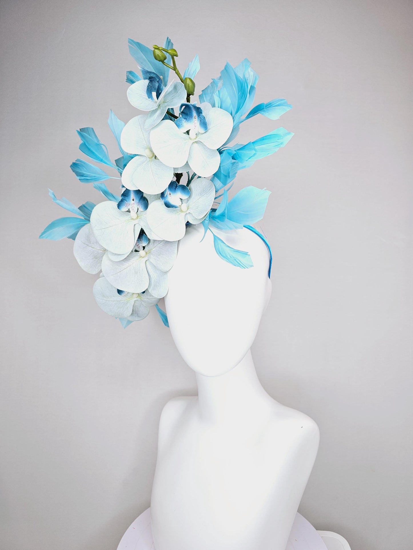 kentucky derby hat fascinator large pastel light blue satin silk orchid flowers with sky blue branching feathers