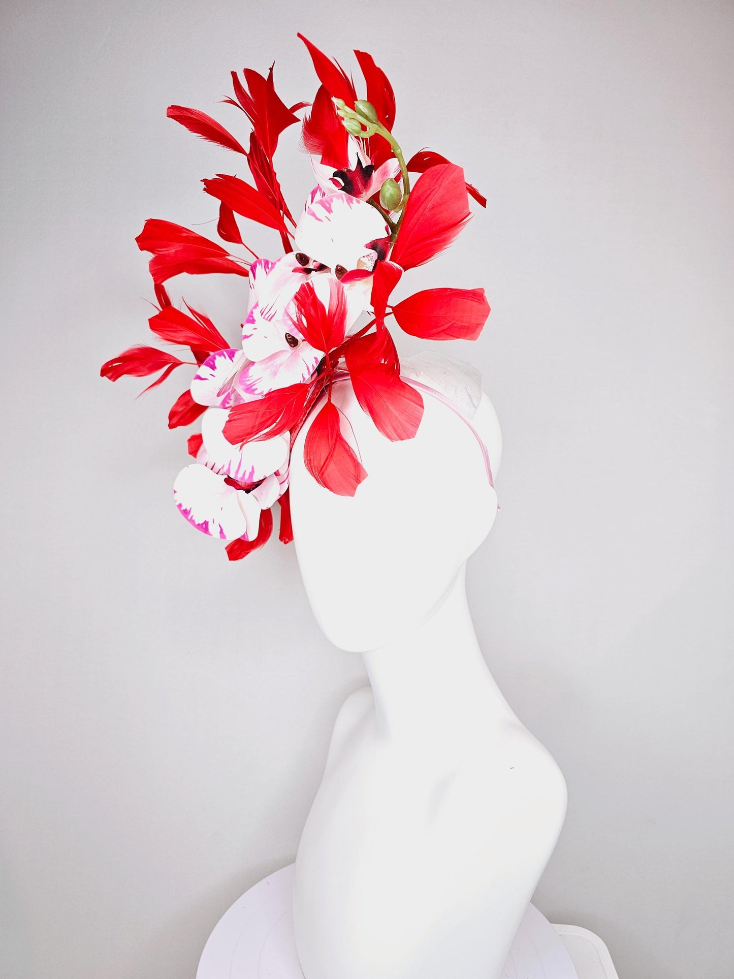 kentucky derby hat fascinator large white pink and red satin silk orchid flowers with scarlet red branching feathers
