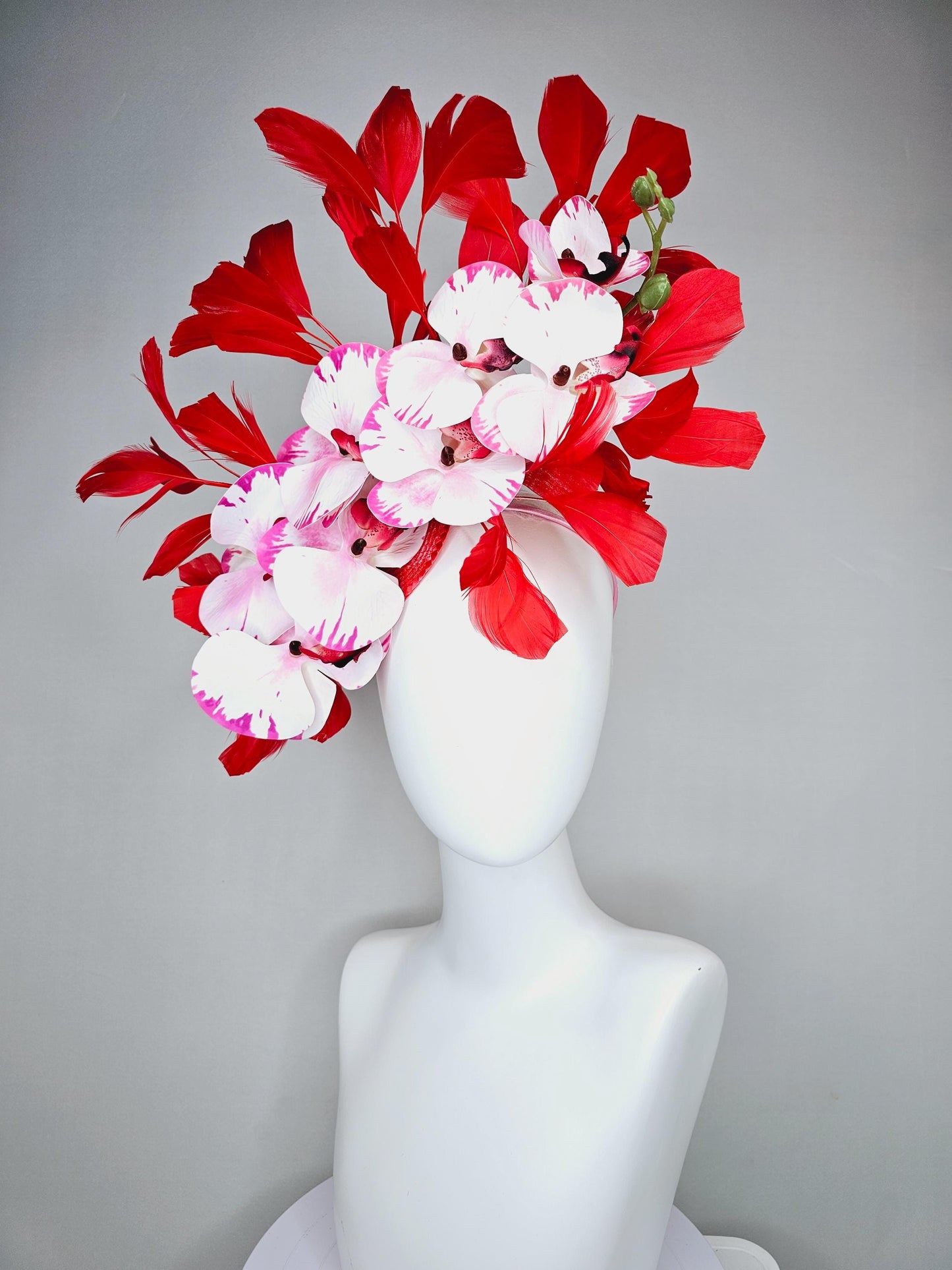 kentucky derby hat fascinator large white pink and red satin silk orchid flowers with scarlet red branching feathers