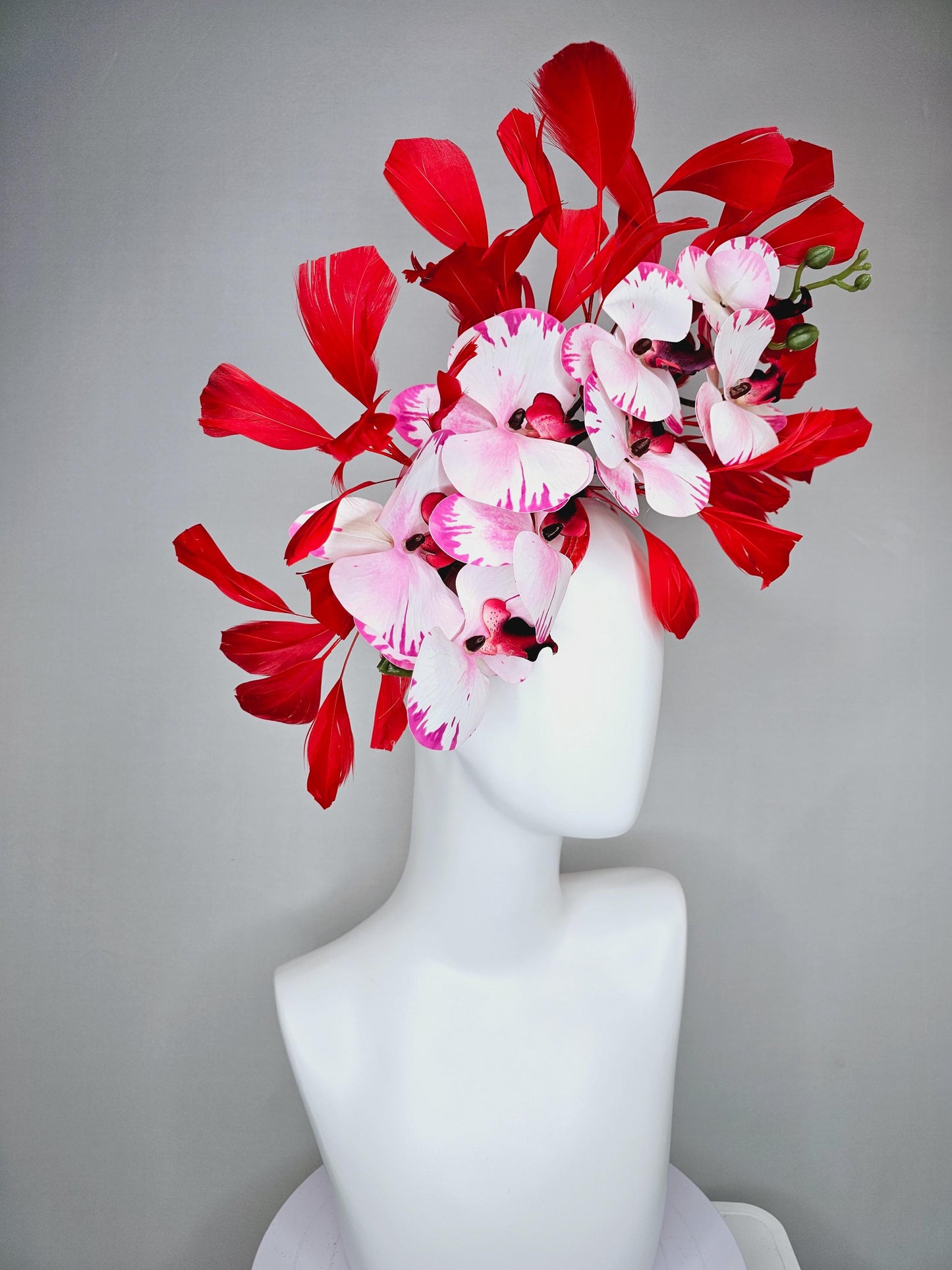 kentucky derby hat fascinator large white pink and red satin silk orchid flowers with scarlet red branching feathers