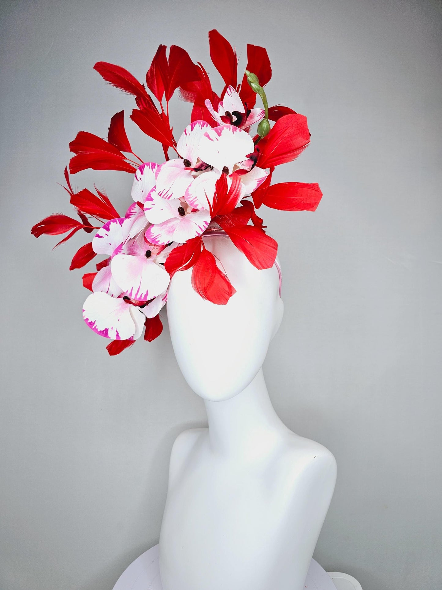 kentucky derby hat fascinator large white pink and red satin silk orchid flowers with scarlet red branching feathers