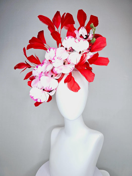 kentucky derby hat fascinator large white pink and red satin silk orchid flowers with scarlet red branching feathers